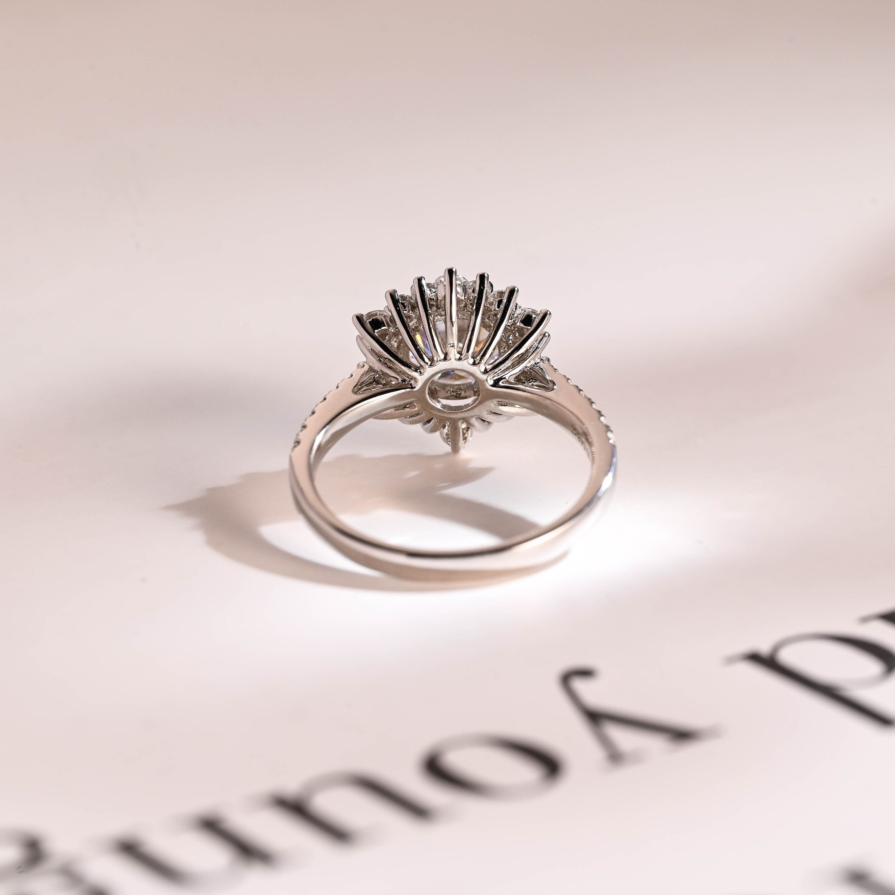Solid Gold Sunflower Round Moissanite Engagement Ring, Half Eternity Promise Ring