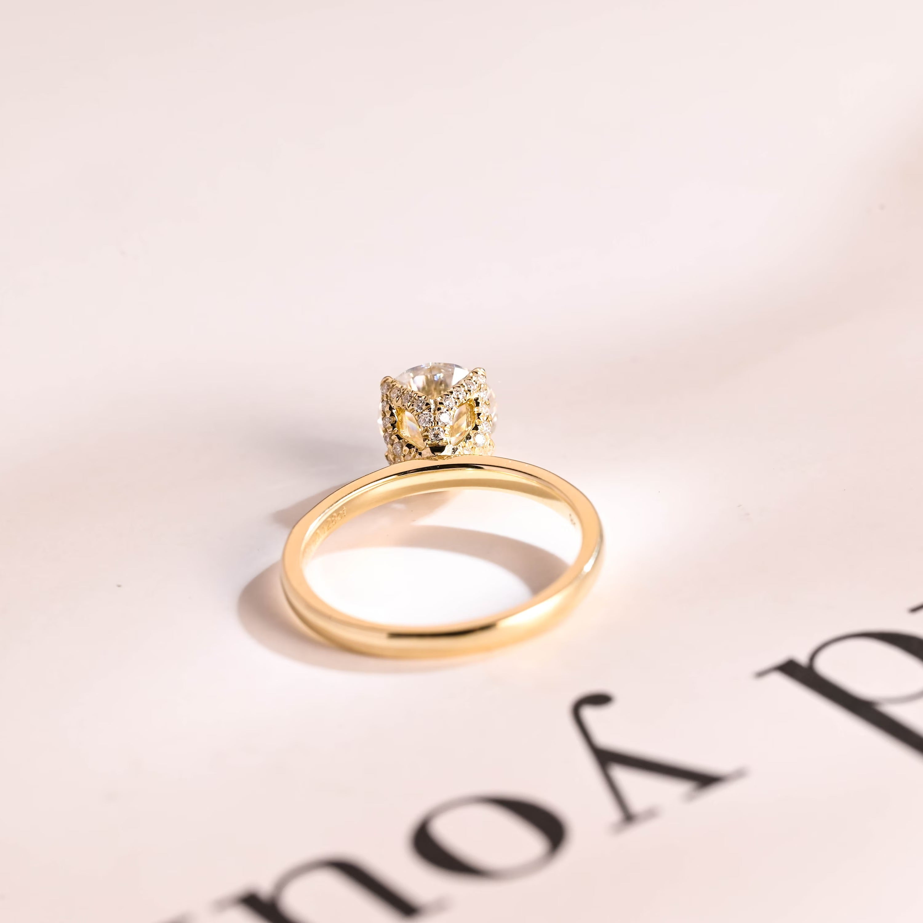 Solid Gold Tulip Floral Hidden Halo Round Moissanite Engagement Ring, Anniversary Gift for Her