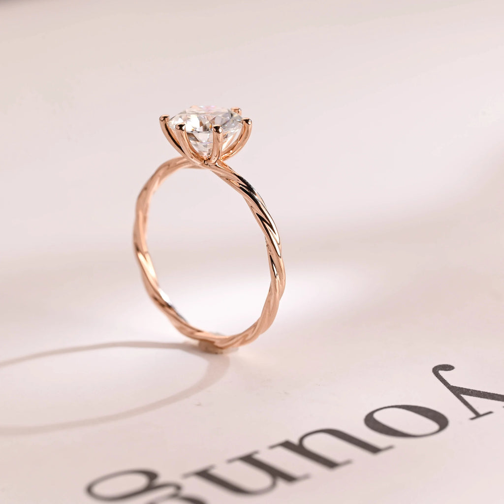 Solid Gold Moissanite Engagement Ring, Twisted Rope Band