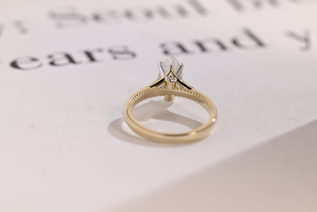 Solid Gold Two Tone Marquise Moissanite Engagement Ring, Unique Proposal Ring