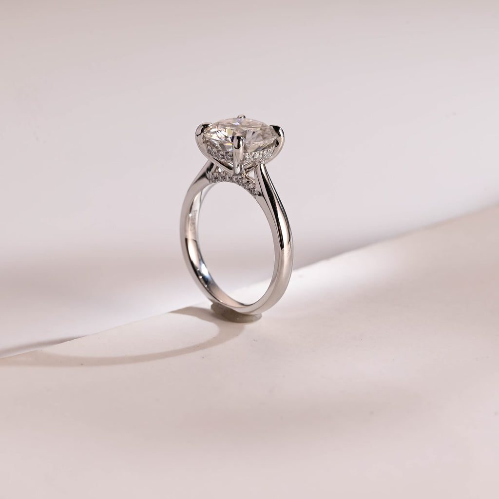 Solid Gold Round Cut Moissanite Engagement Ring with Hidden Halo