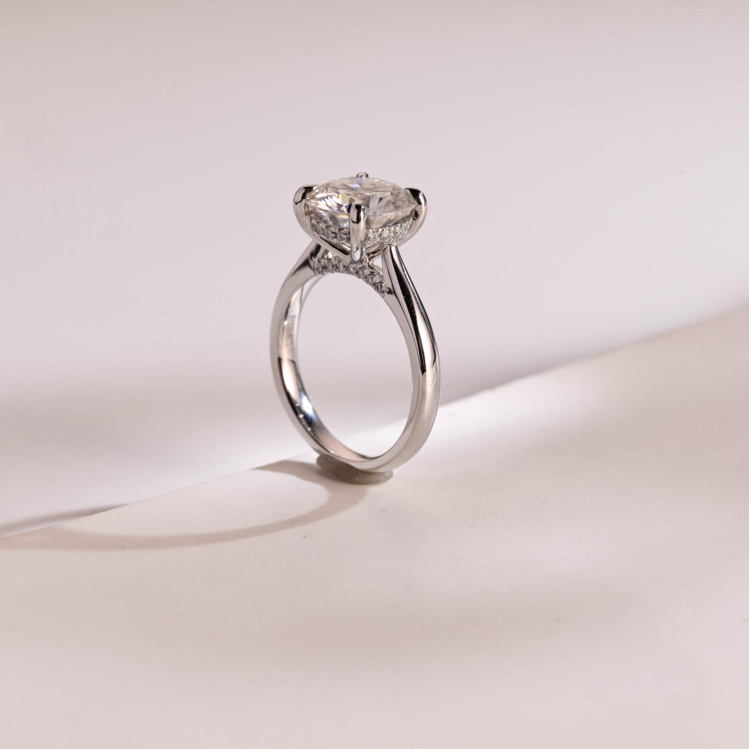 Solid Gold Round Cut Moissanite Engagement Ring with Hidden Halo