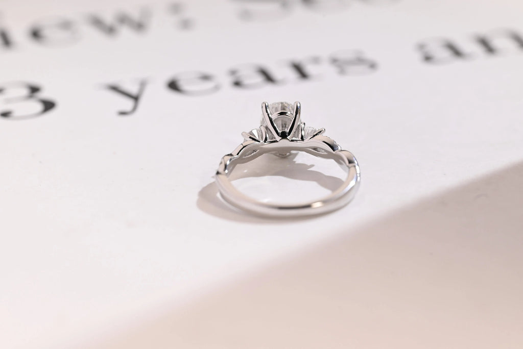 Solid Gold Oval Moissanite Engagement Ring, Twisted Band Half Eternity Bridal Ring