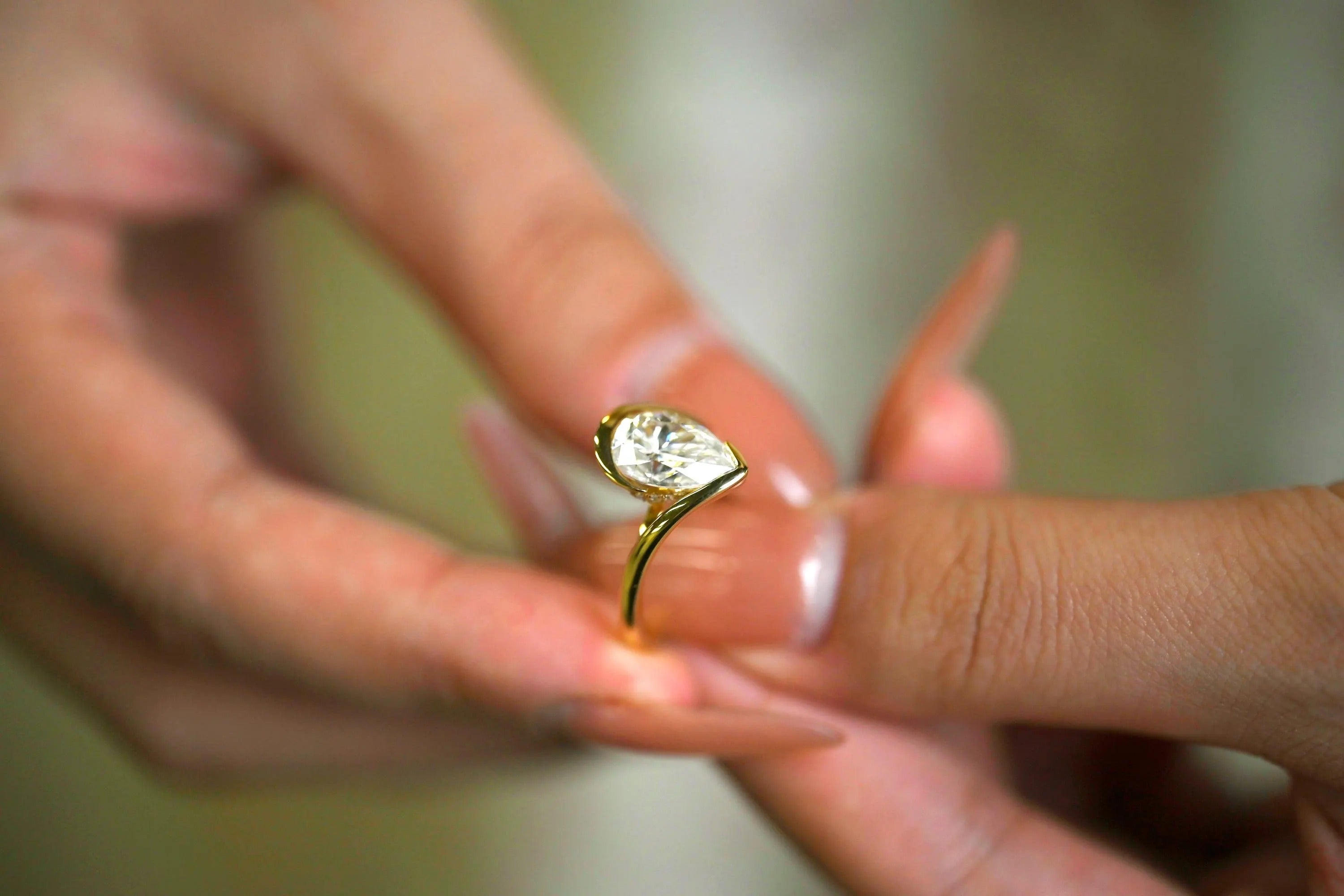 Solid Gold Pear Cut Moissanite Engagement Ring with Hidden Halo, Promise Ring