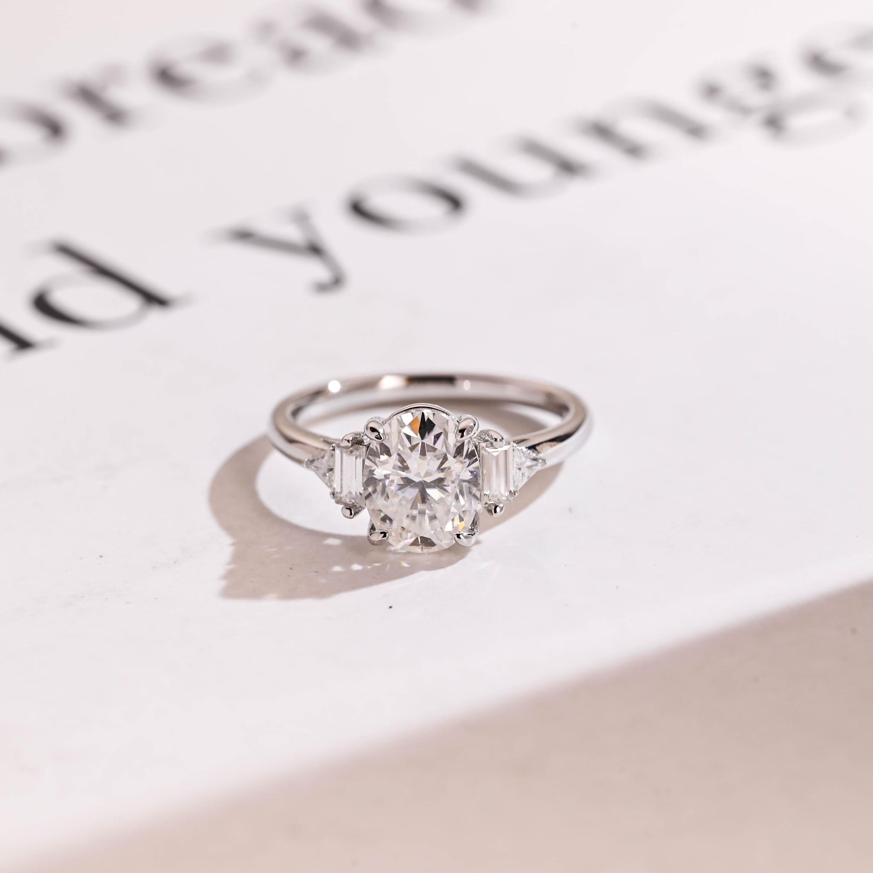 Solid Gold Oval Cut Moissanite Engagement Ring, Three Stone Promise Ring Main image