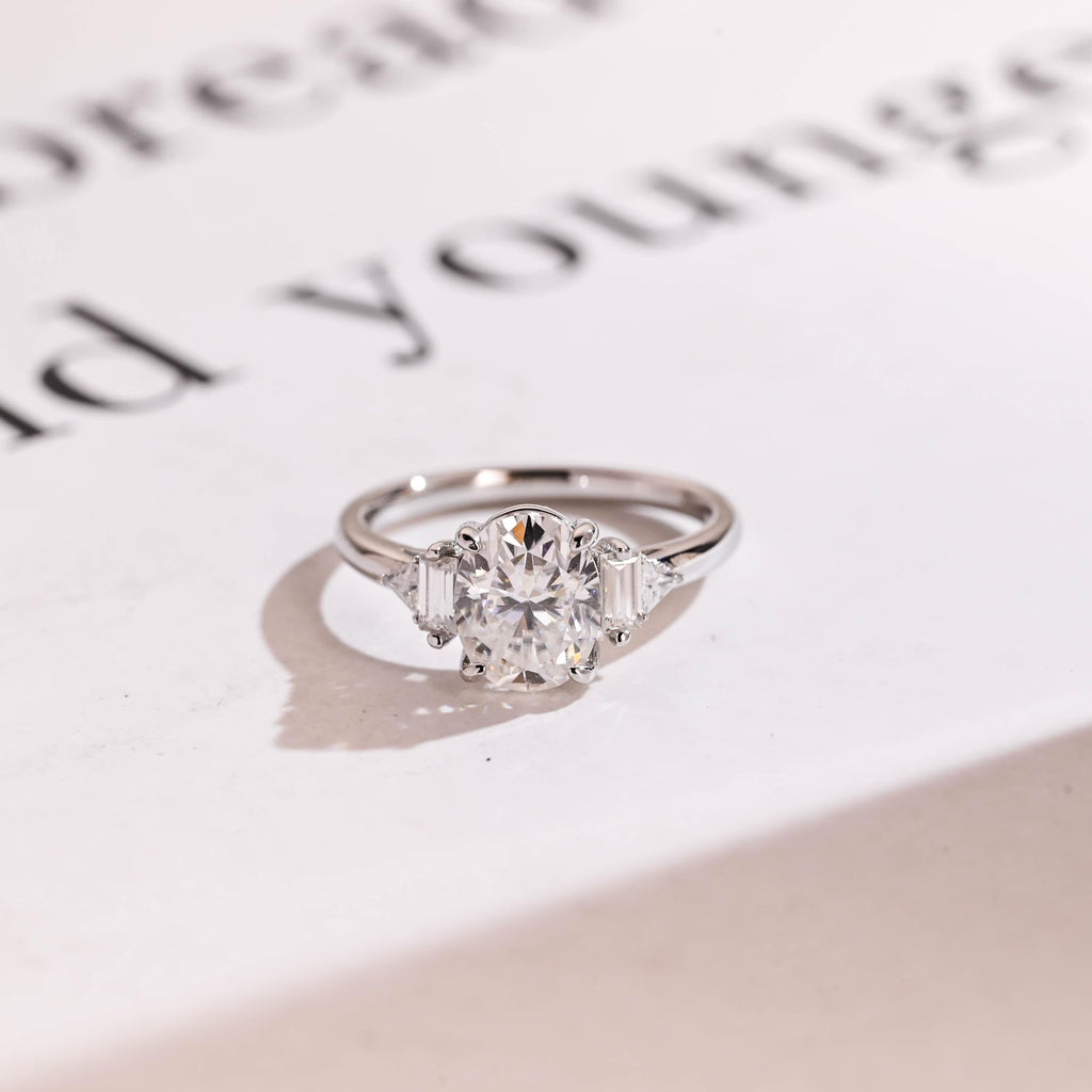 Solid Gold Oval Cut Moissanite Engagement Ring, Three Stone Promise Ring