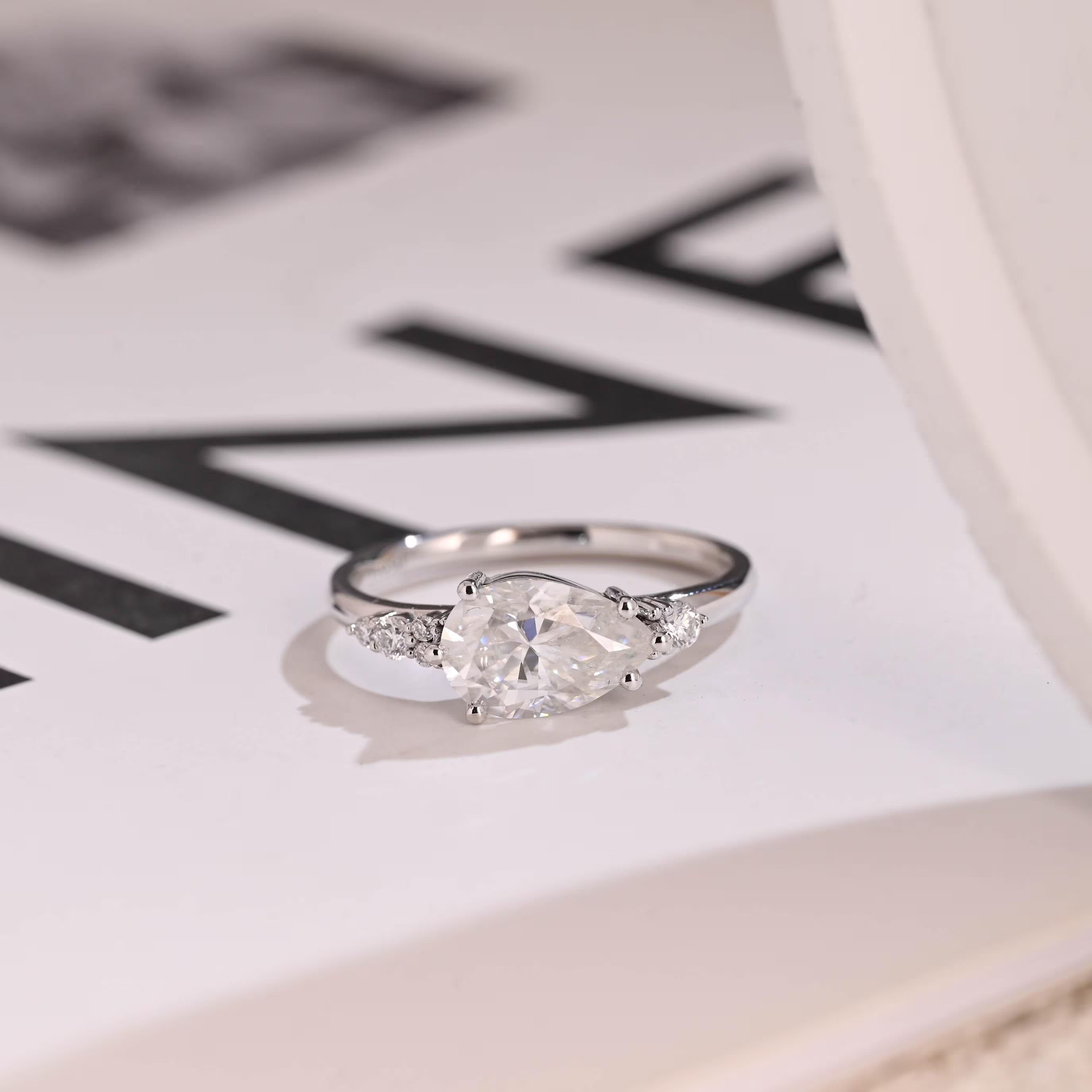 Solid Gold Pear Cut Cluster Moissanite Engagement Ring, Promise Ring for Her Main image