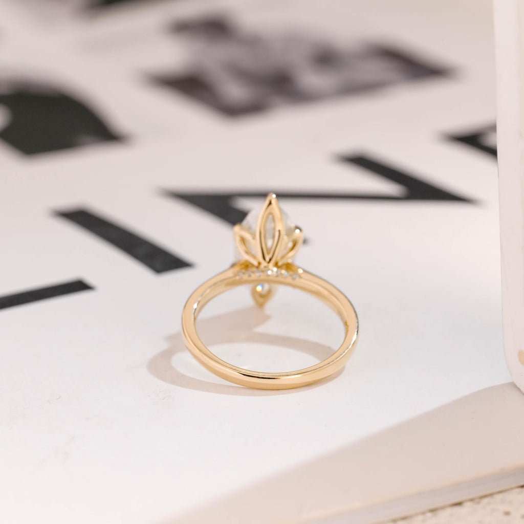 Solid Gold Tulip Floral Ring, Marquise Moissanite Engagement Ring, Cathedral Ring