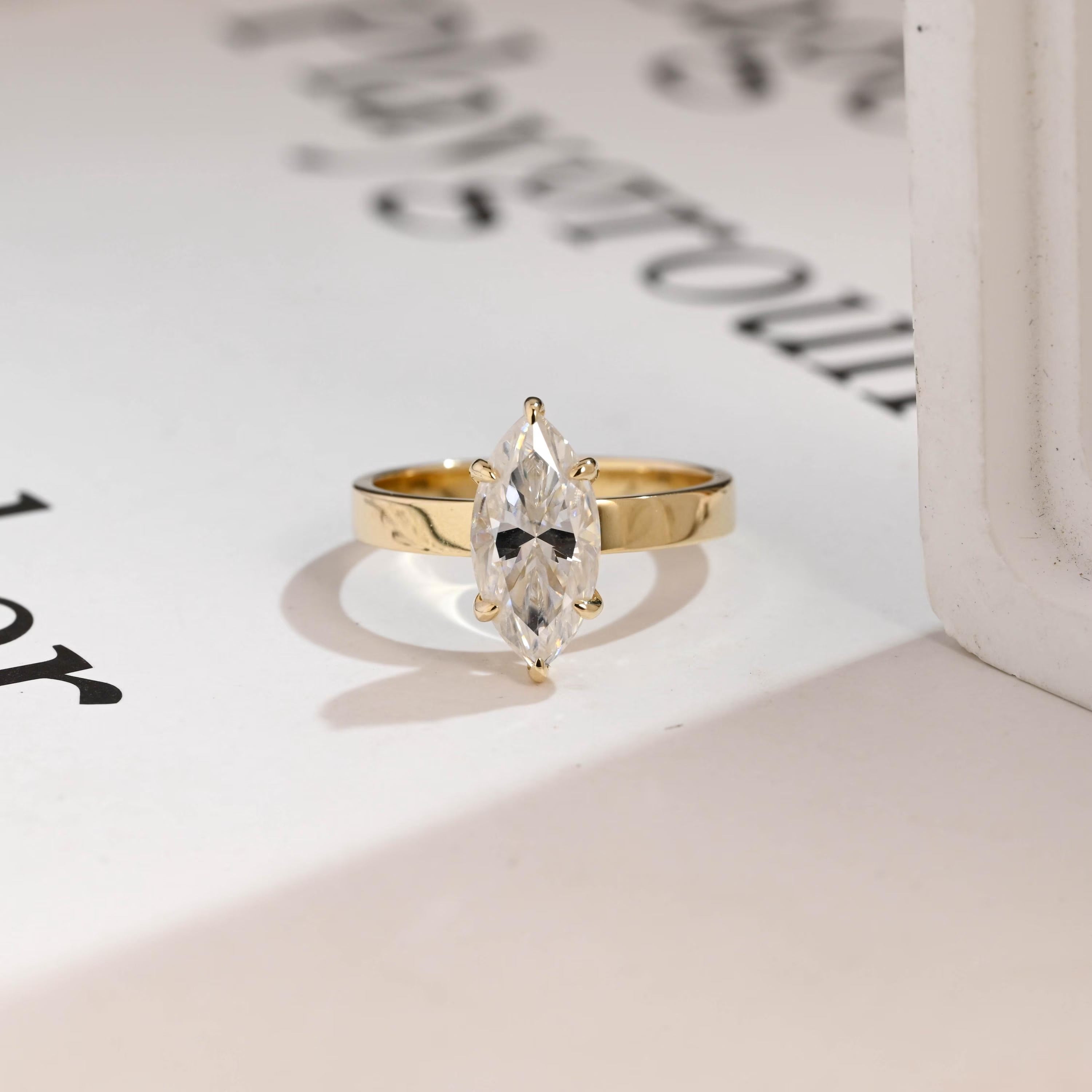 Solid Gold Marquise Cut Moissanite Engagement Ring, 3mm Wide Band Main image