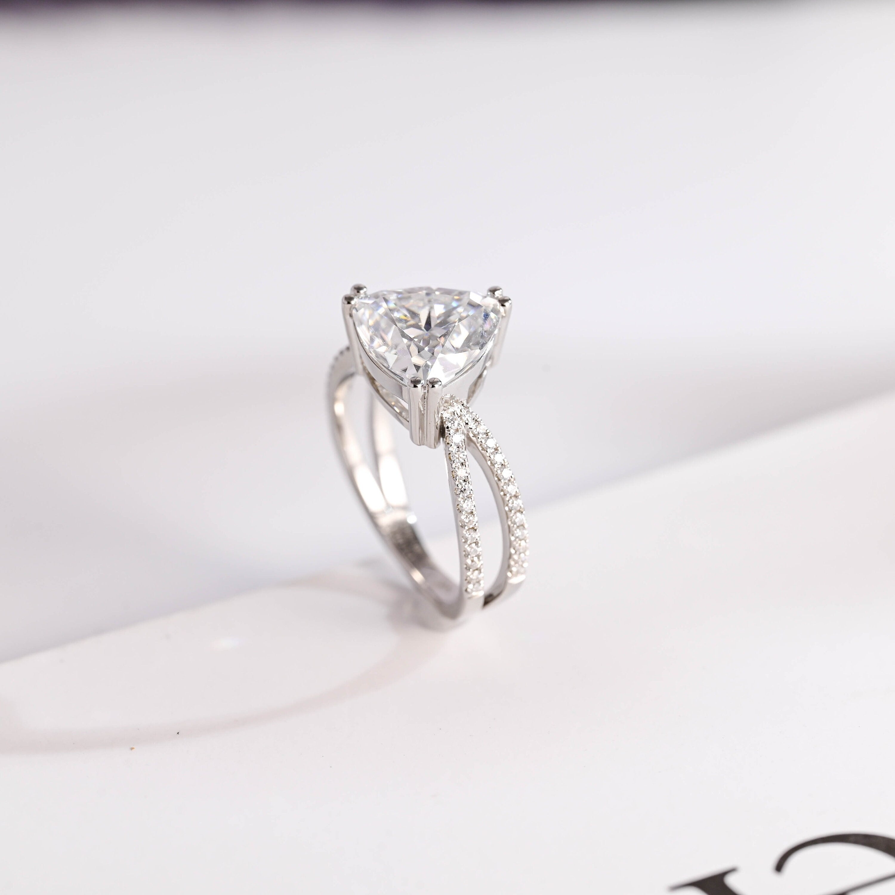 Solid Gold Trillion Cut Moissanite Engagement Ring, Double Band Open Shank Half Pave Ring Secondary image