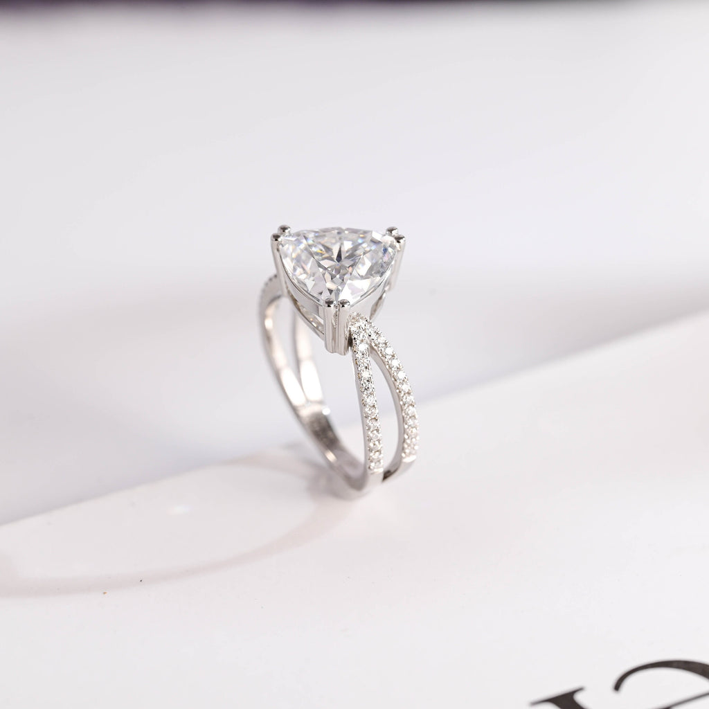 Solid Gold Trillion Cut Moissanite Engagement Ring, Double Band Open Shank Half Pave Ring
