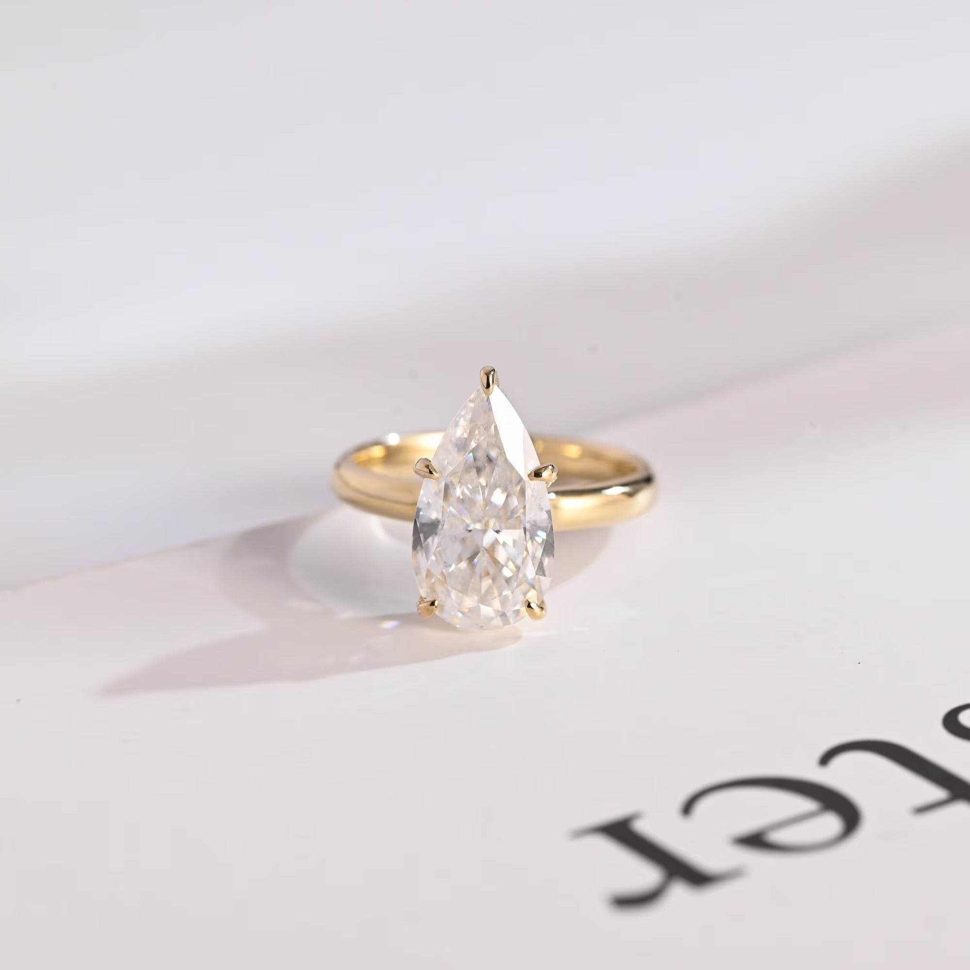 Solid Gold Pear Cut Moissanite Engagement Ring with Hidden Halo, Custom Ring Main image