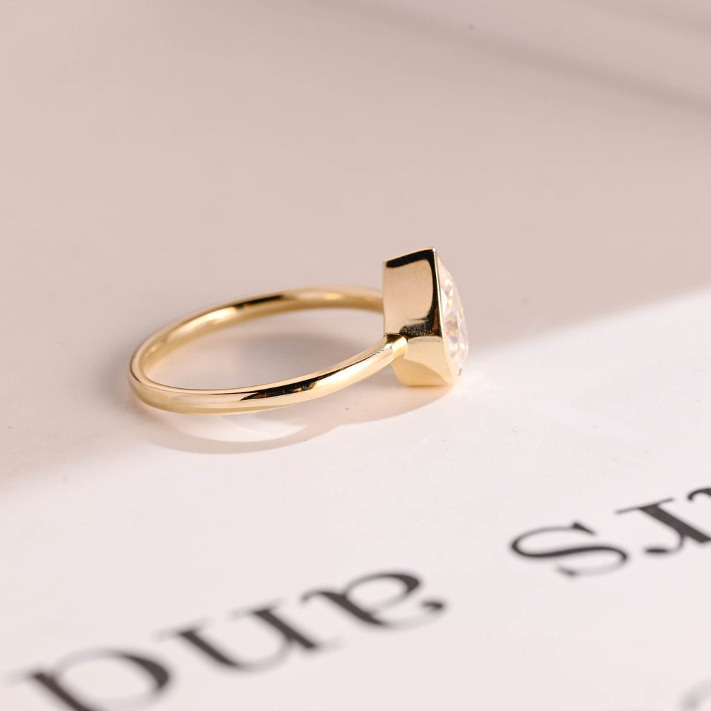 Solid Gold Pear Moissanite Engagement Ring with Bezel, Dainty Ring