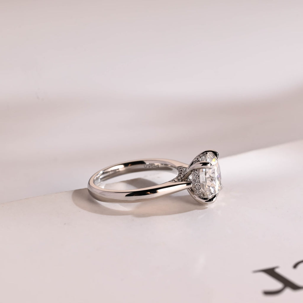Solid Gold Round Cut Moissanite Engagement Ring with Hidden Halo