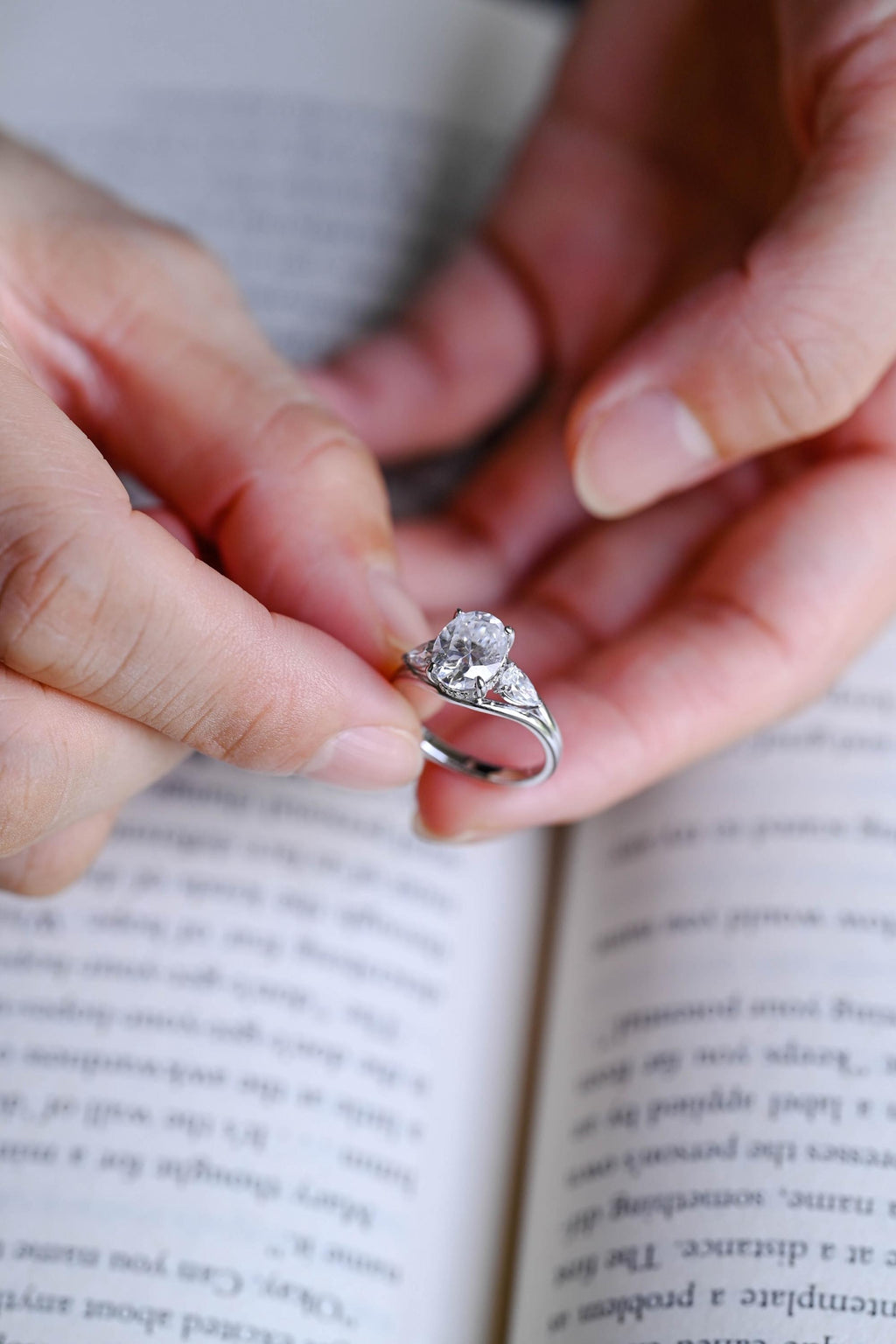 Solid Gold Oval Moissanite Hidden Halo Engagement Ring with Pear Moissanite