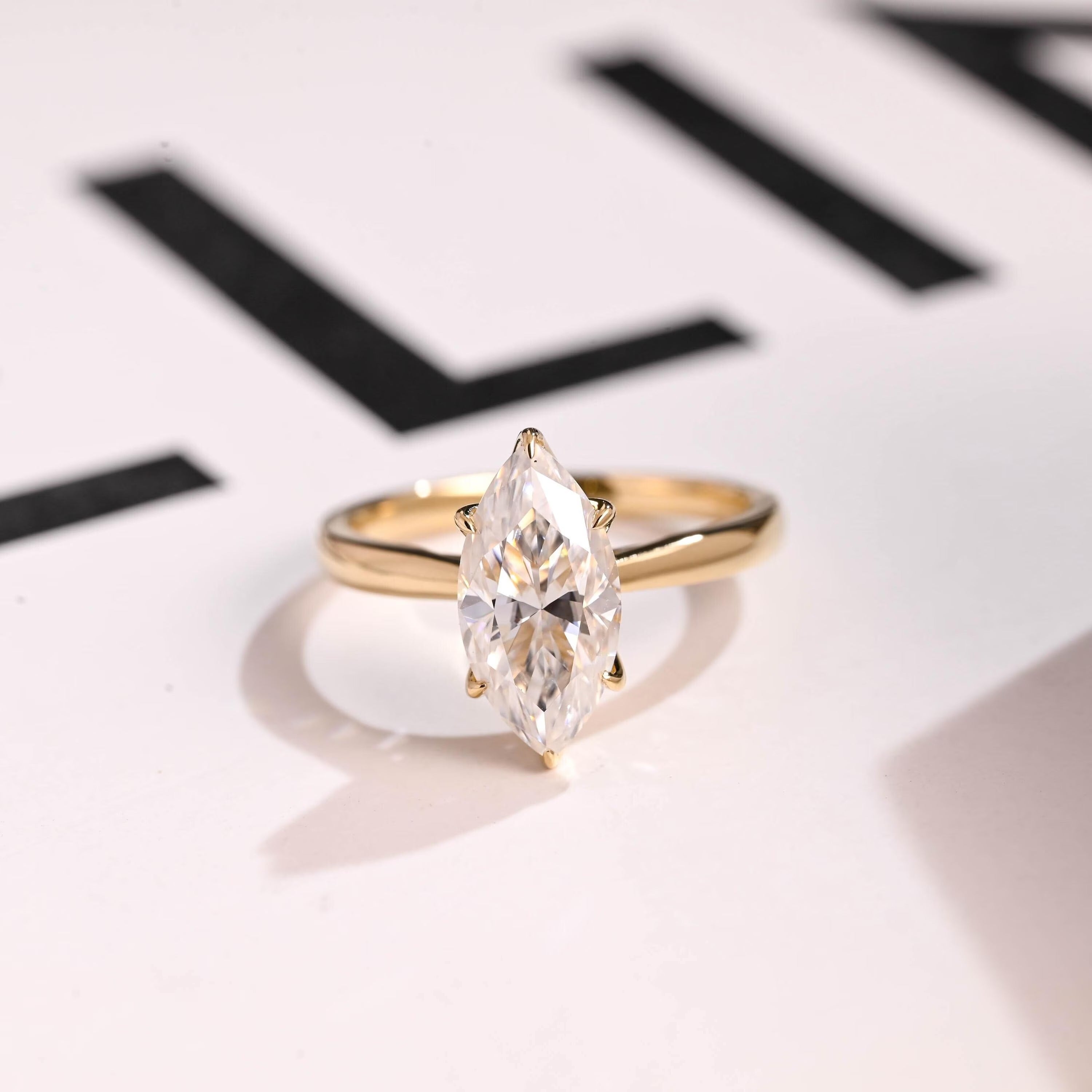 Solid Gold Tulip Floral Marquise Moissanite Engagement Ring, Proposal Ring Main image
