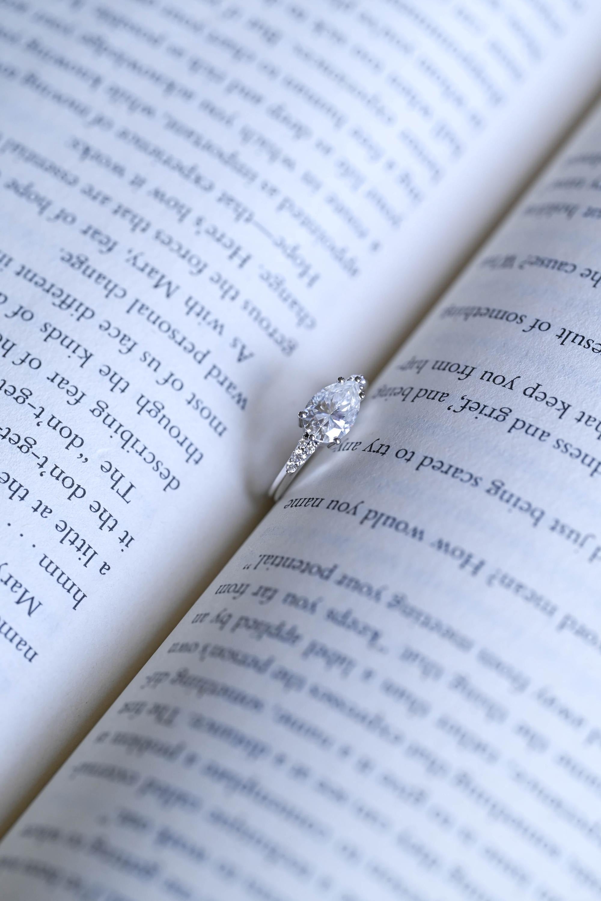Solid Gold Pear Cut Cluster Moissanite Engagement Ring, Promise Ring for Her