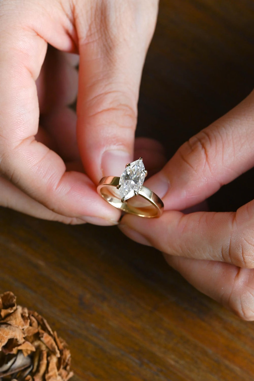 Solid Gold Marquise Cut Moissanite Engagement Ring, 3mm Wide Band