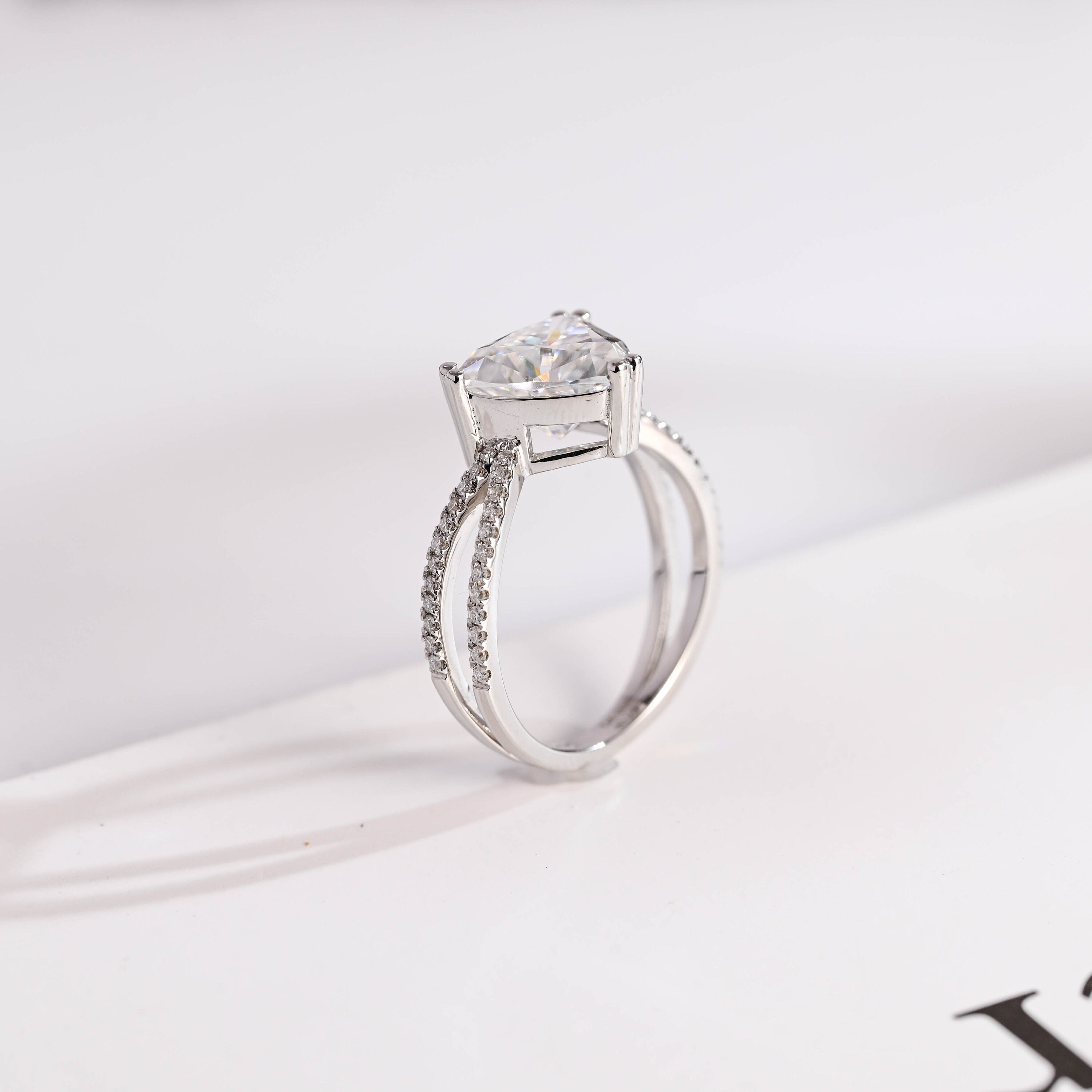 Solid Gold Trillion Cut Moissanite Engagement Ring, Double Band Open Shank Half Pave Ring