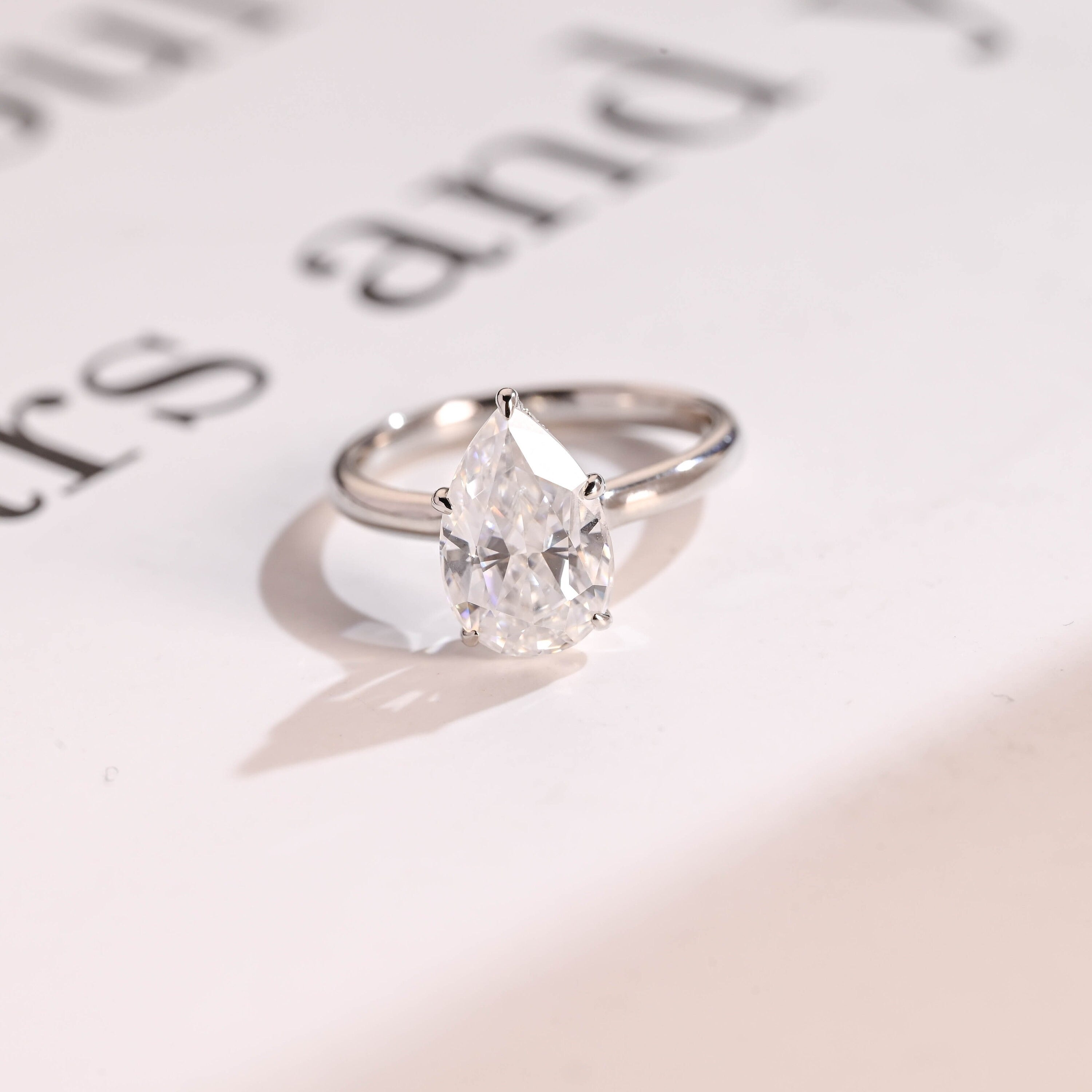 Solid Gold Pear Cut Moissanite Engagement Ring with Hidden Halo, Custom Ring