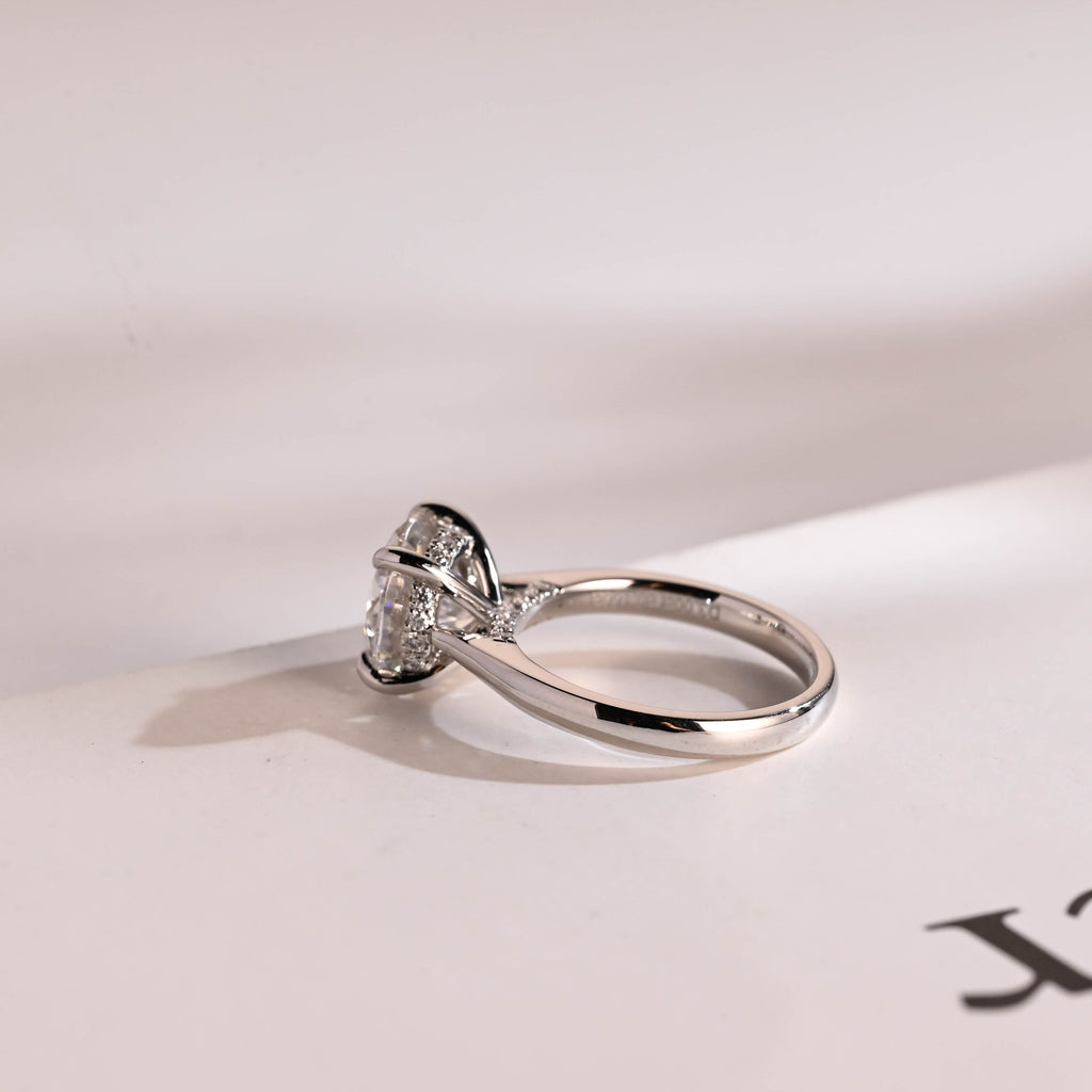 Solid Gold Round Cut Moissanite Engagement Ring with Hidden Halo