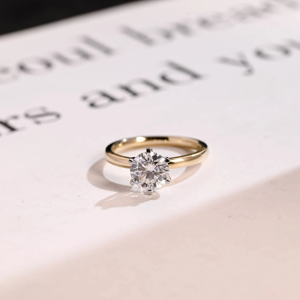 Solitaire Gold Round Moissanite Engagement Ring, Six Prong Setting