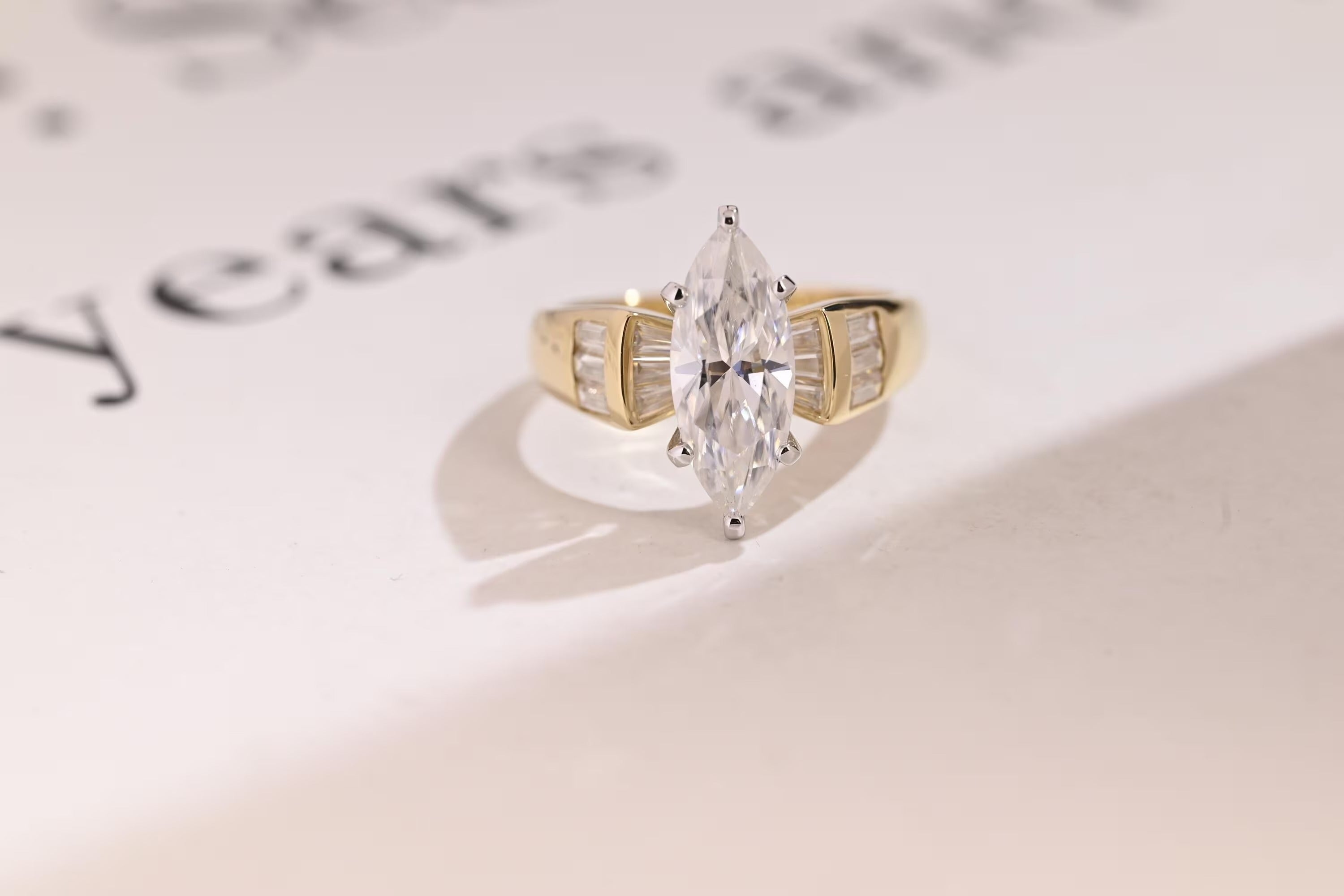 Solid Gold Marquise Cut Moissanite Engagement Ring, Anniversary Gift for Women Main image