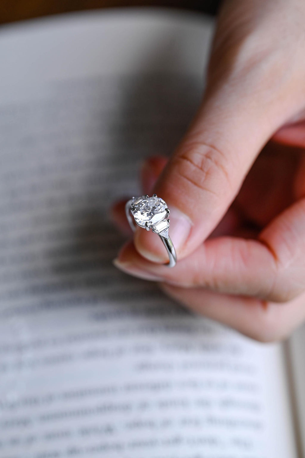 Solid Gold Oval Cut Moissanite Engagement Ring, Three Stone Promise Ring