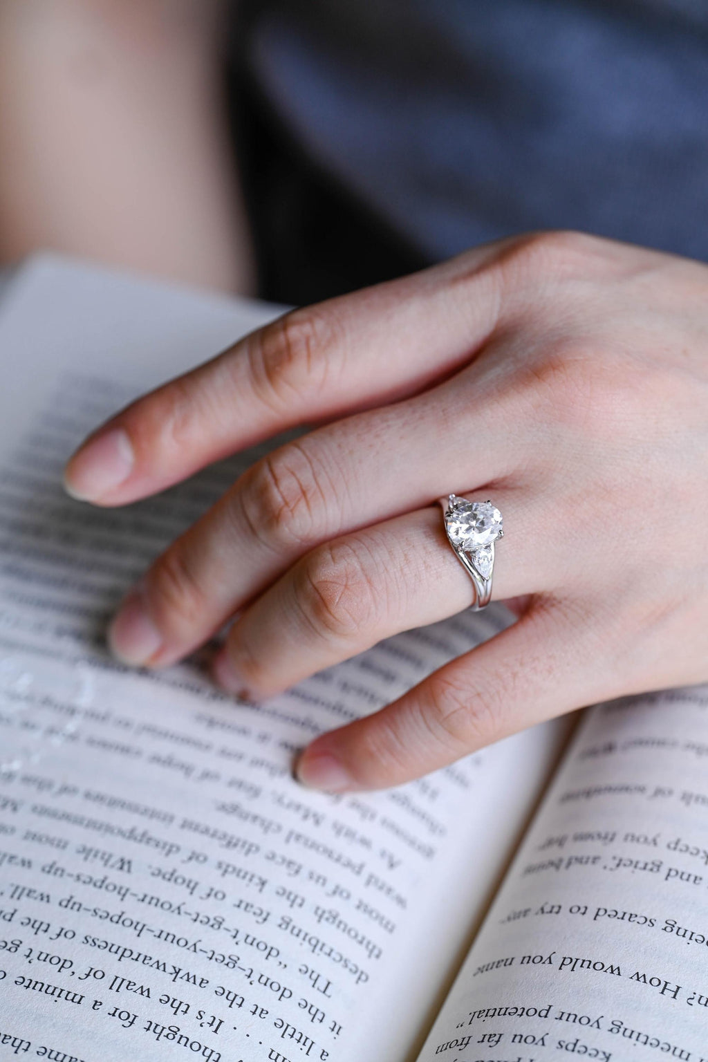 Solid Gold Oval Moissanite Hidden Halo Engagement Ring with Pear Moissanite