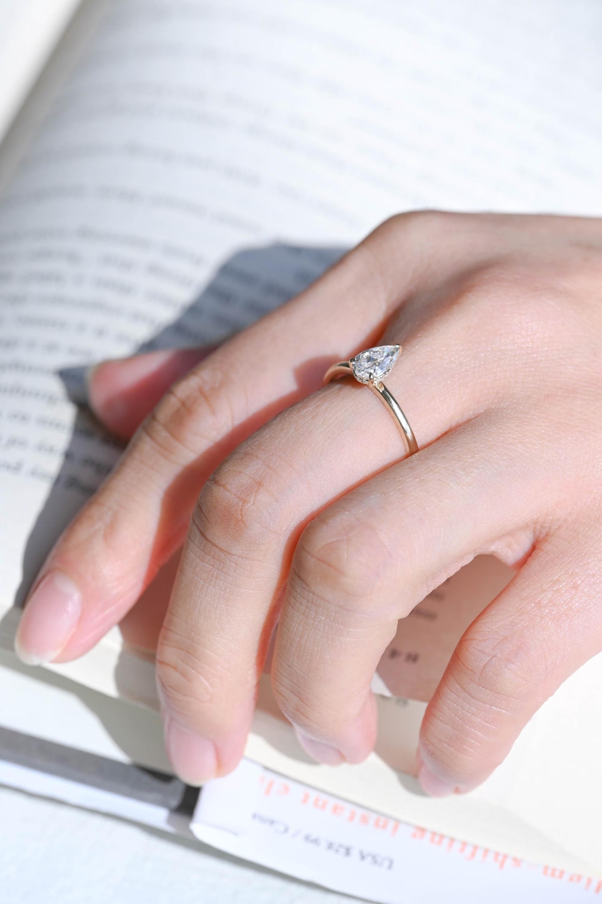 Solid Gold Pear Cut Hidden Halo Moissanite Engagement Ring