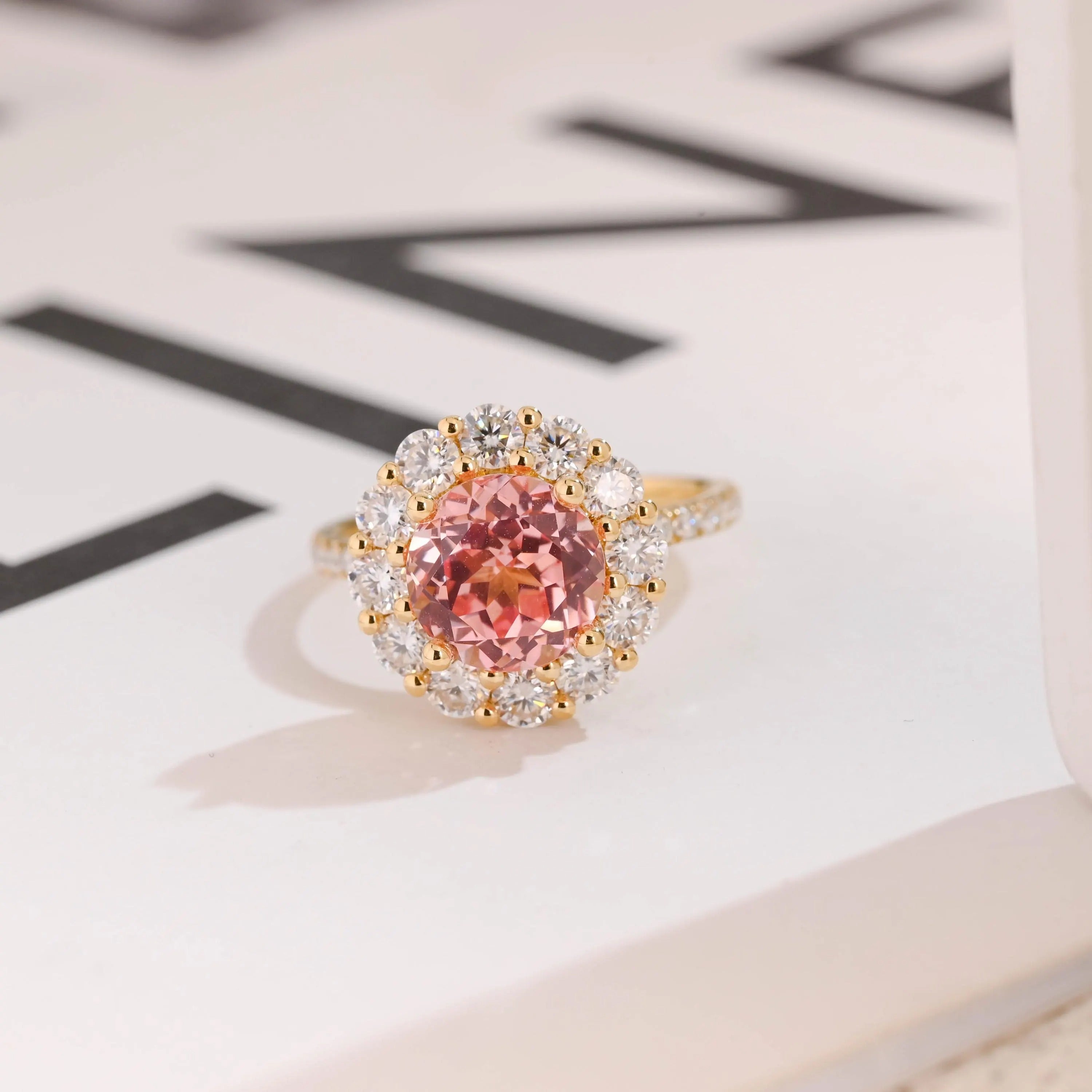 Solid Gold Sunflower Round Pink Moissanite Sapphire Engagement Ring, Half Eternity Promise Ring Main image