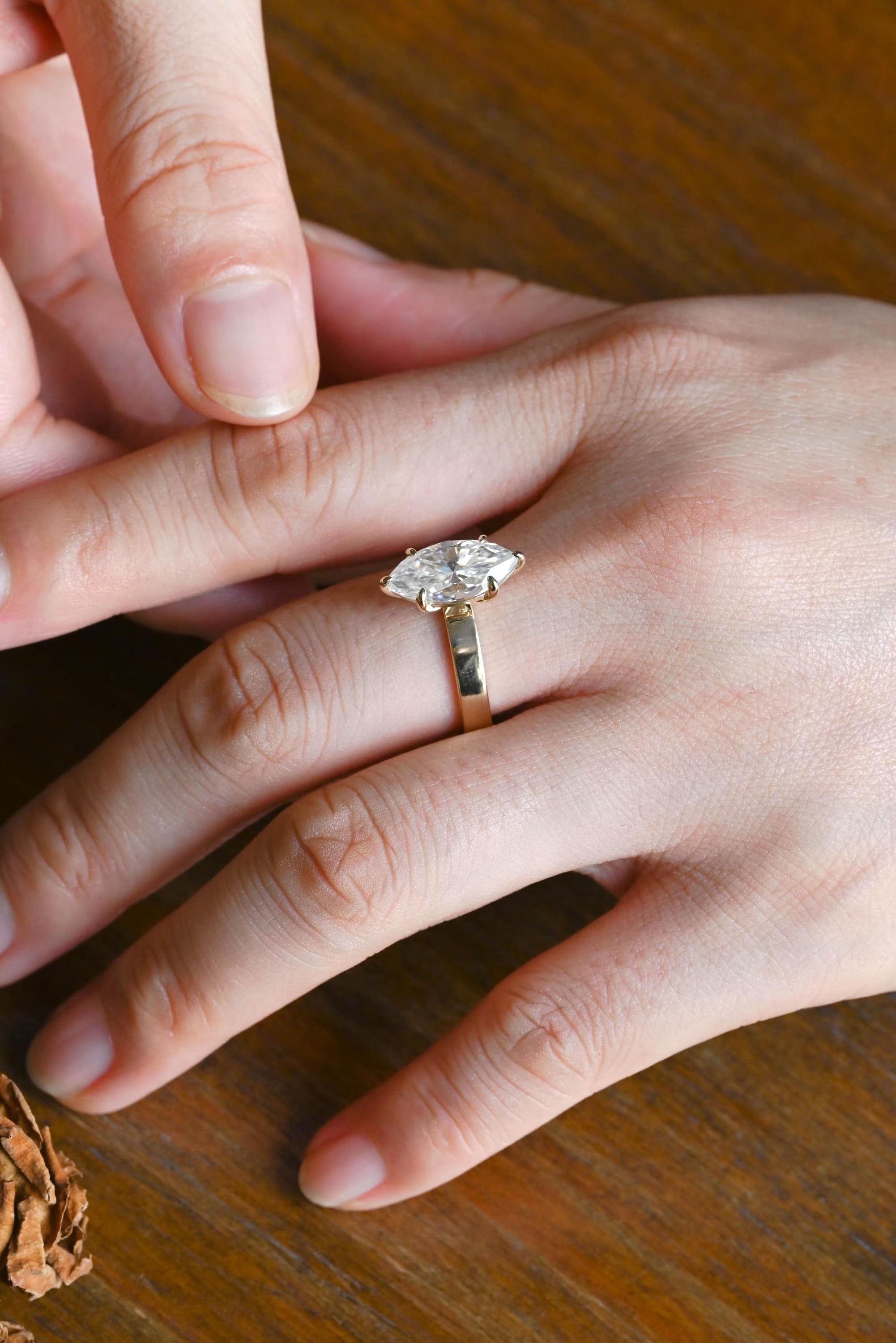 Solid Gold Marquise Cut Moissanite Engagement Ring, 3mm Wide Band