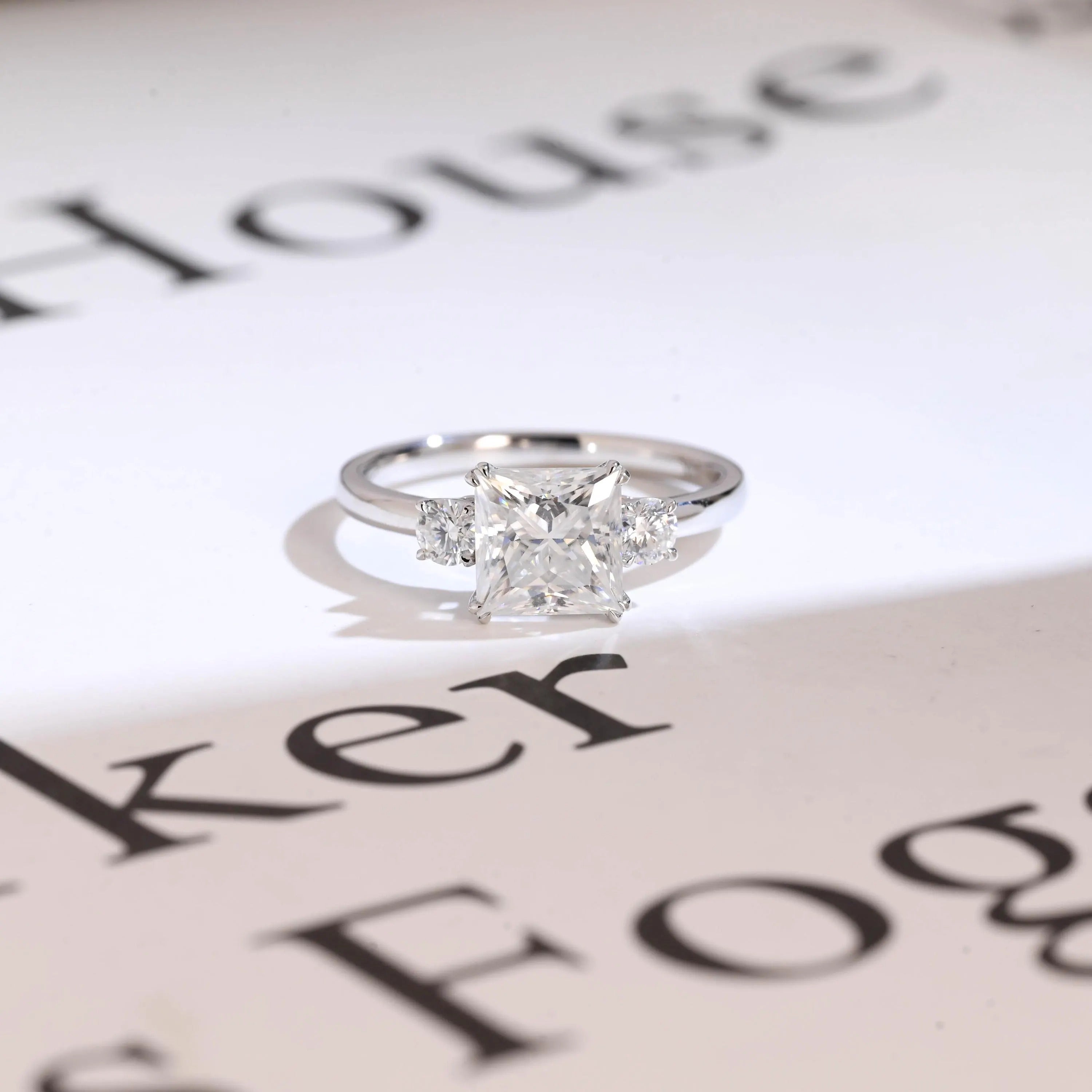 Solid Gold Princess Cut Moissanite Engagement Ring, Three Stone Promise Ring Main image