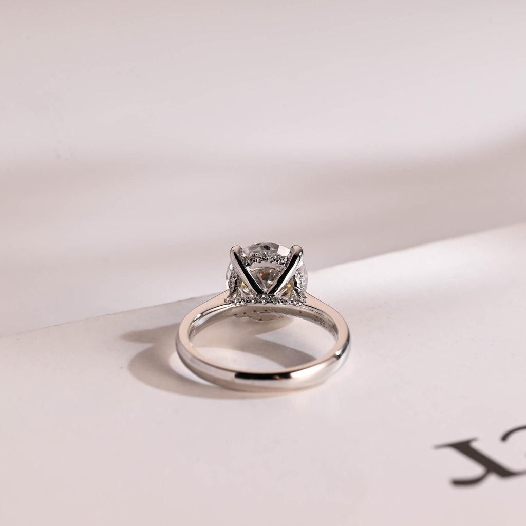 Solid Gold Round Cut Moissanite Engagement Ring with Hidden Halo