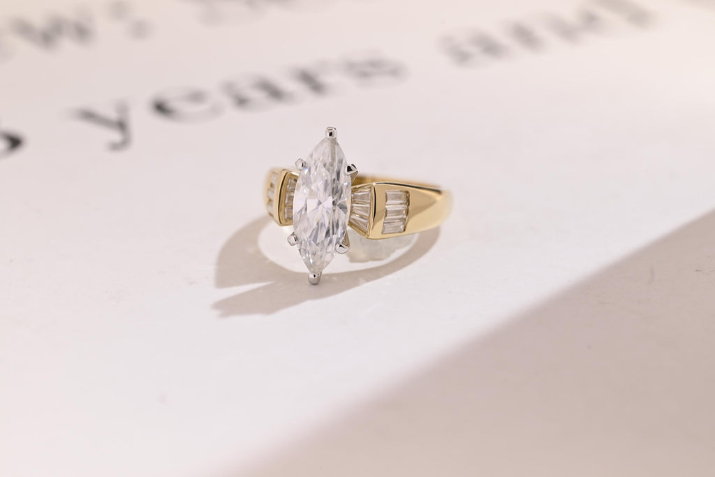 Solid Gold Marquise Cut Moissanite Engagement Ring, Anniversary Gift for Women