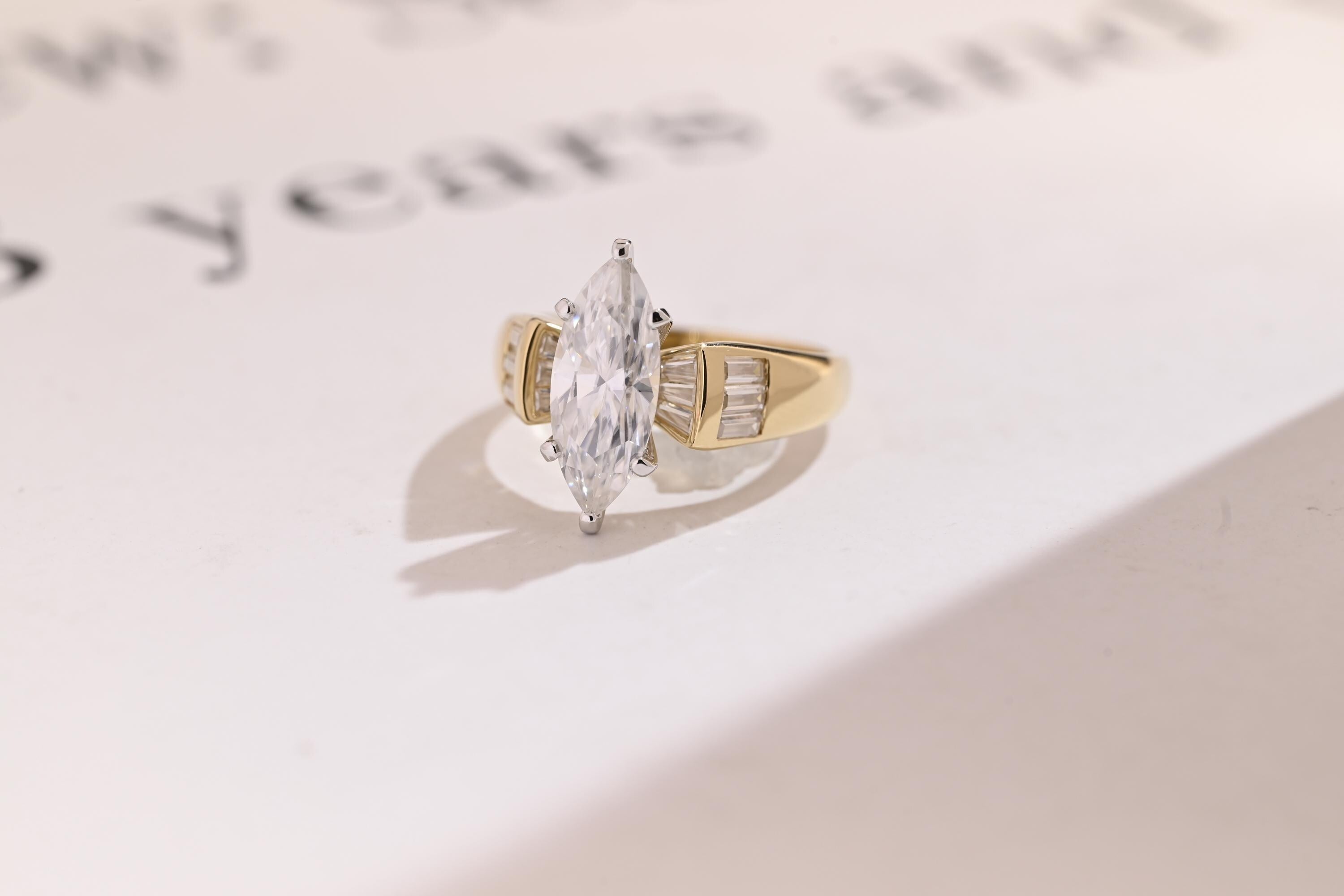 Solid Gold Marquise Cut Moissanite Engagement Ring, Anniversary Gift for Women