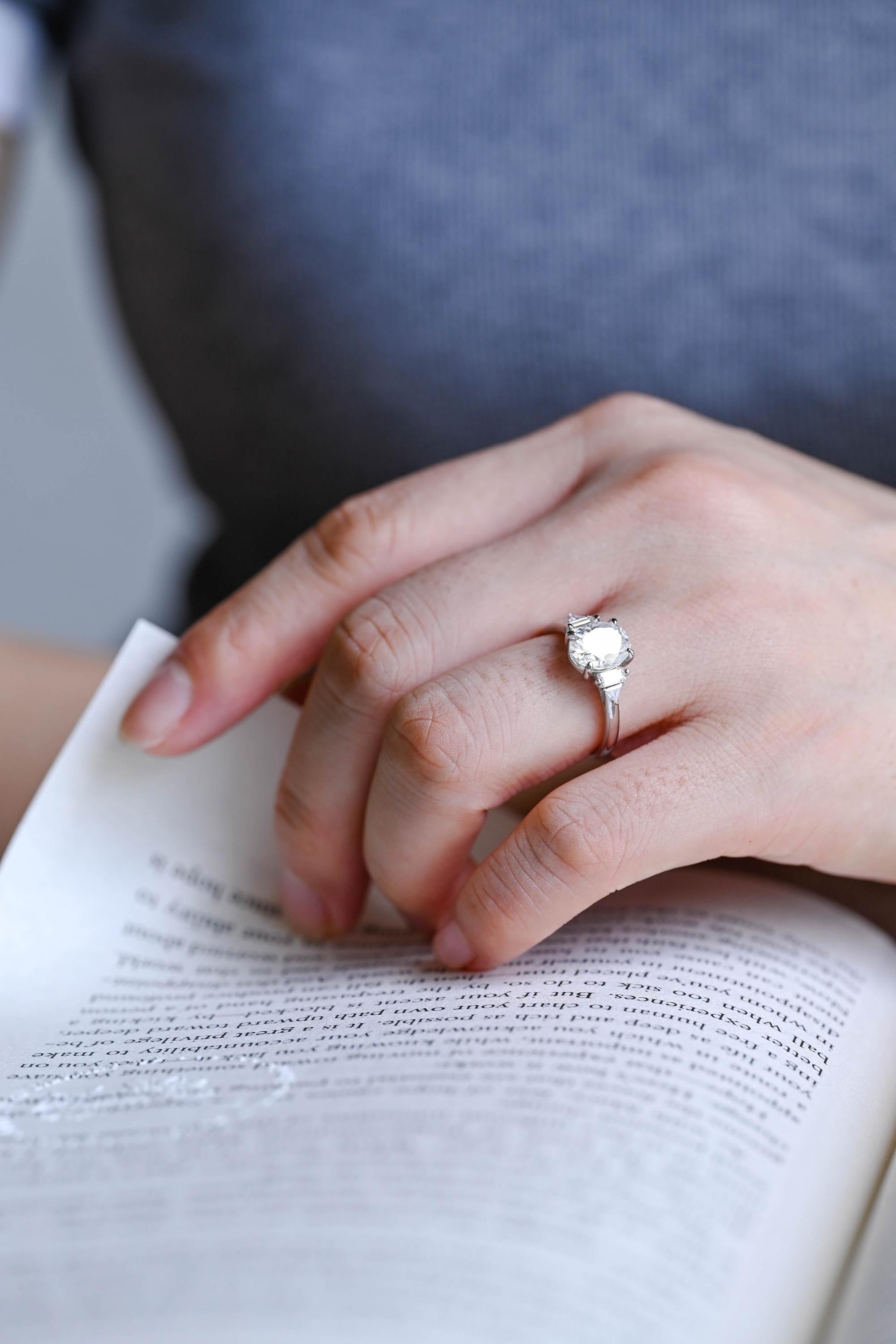 Solid Gold Oval Cut Moissanite Engagement Ring, Three Stone Promise Ring