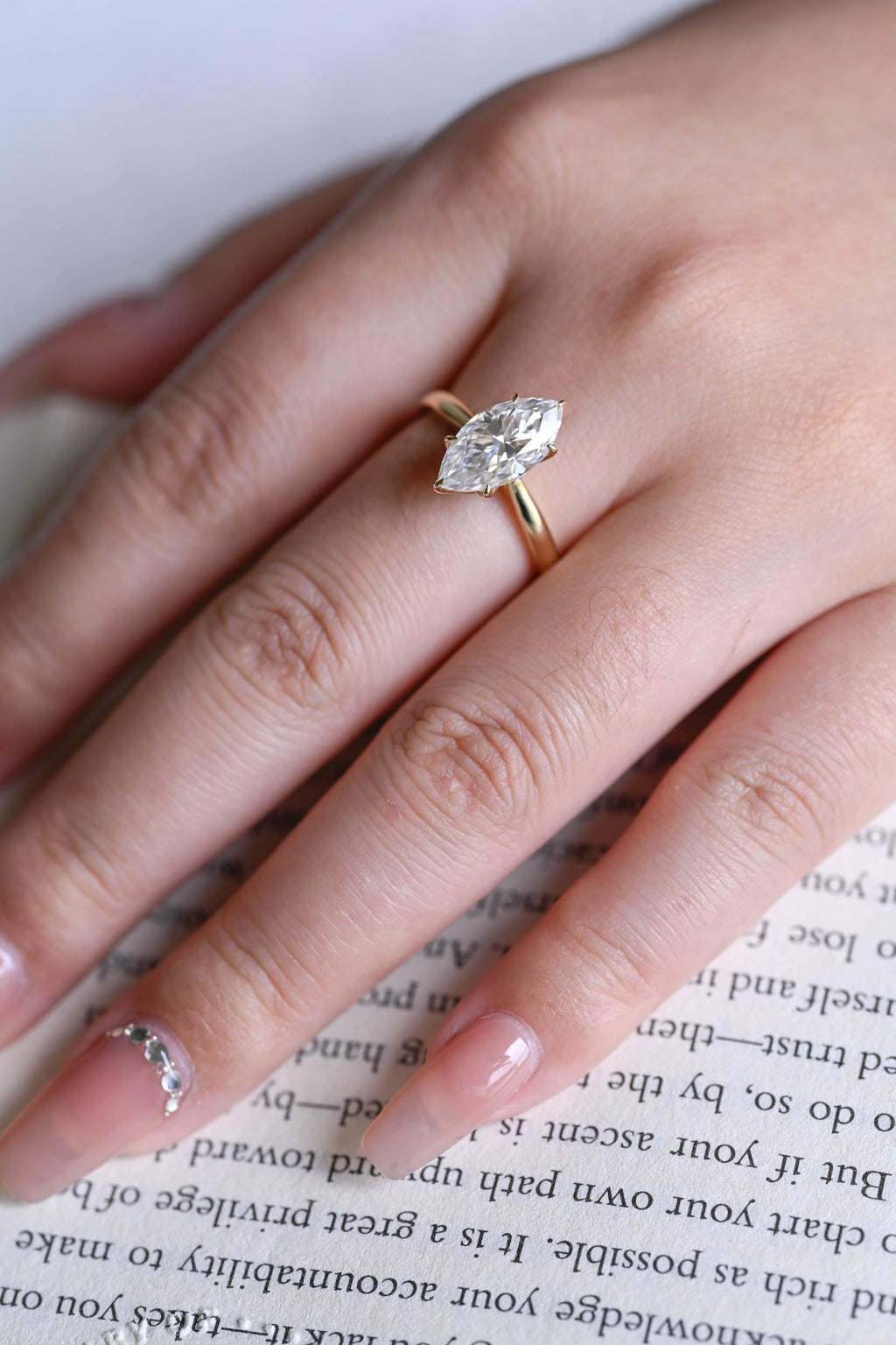Solid Gold Tulip Floral Marquise Moissanite Engagement Ring, Proposal Ring