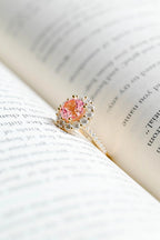 Solid Gold Sunflower Round Pink Moissanite Sapphire Engagement Ring, Half Eternity Promise Ring