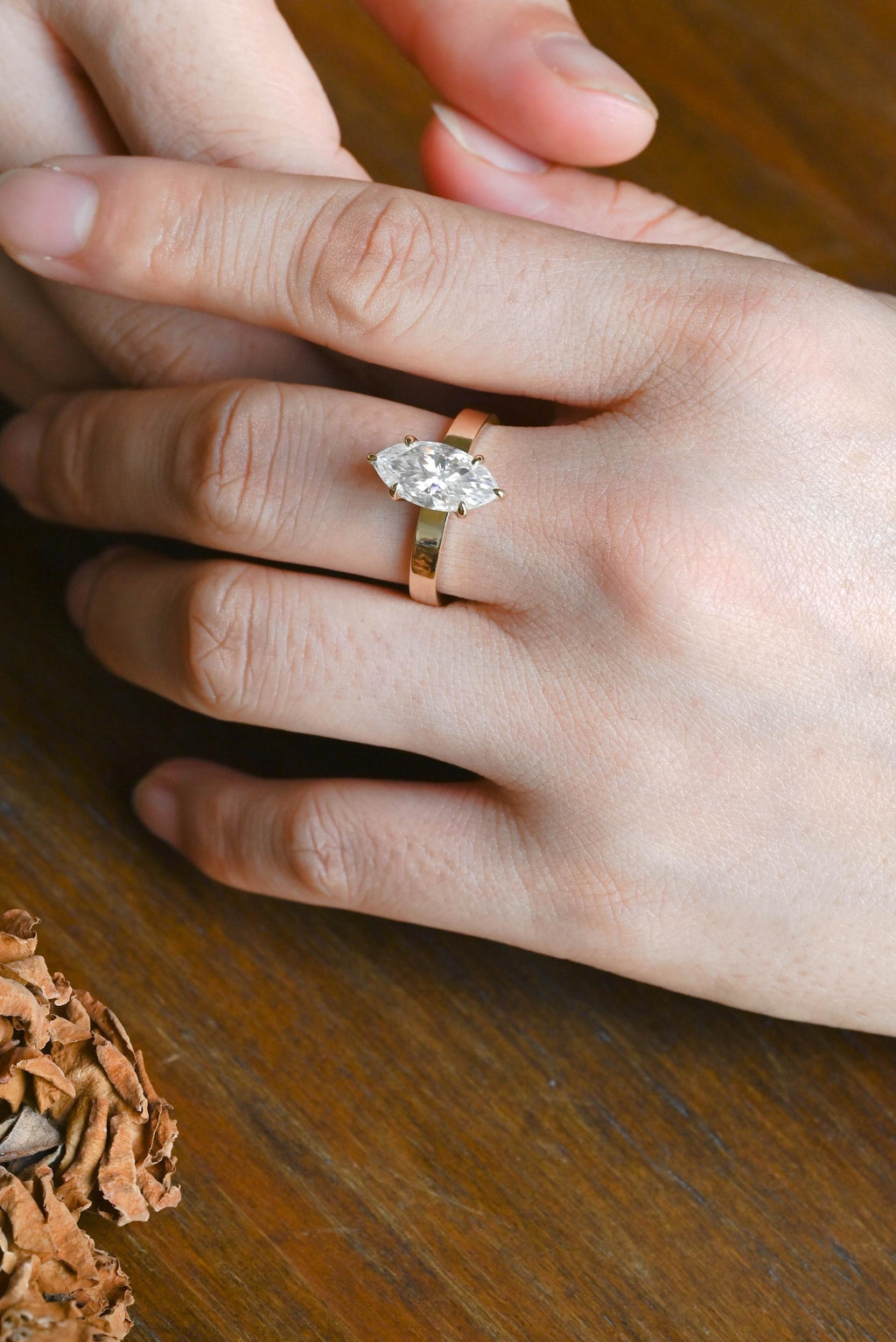 Solid Gold Marquise Cut Moissanite Engagement Ring, 3mm Wide Band