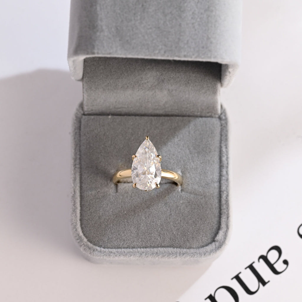 Solid Gold Pear Cut Moissanite Engagement Ring with Hidden Halo, Custom Ring