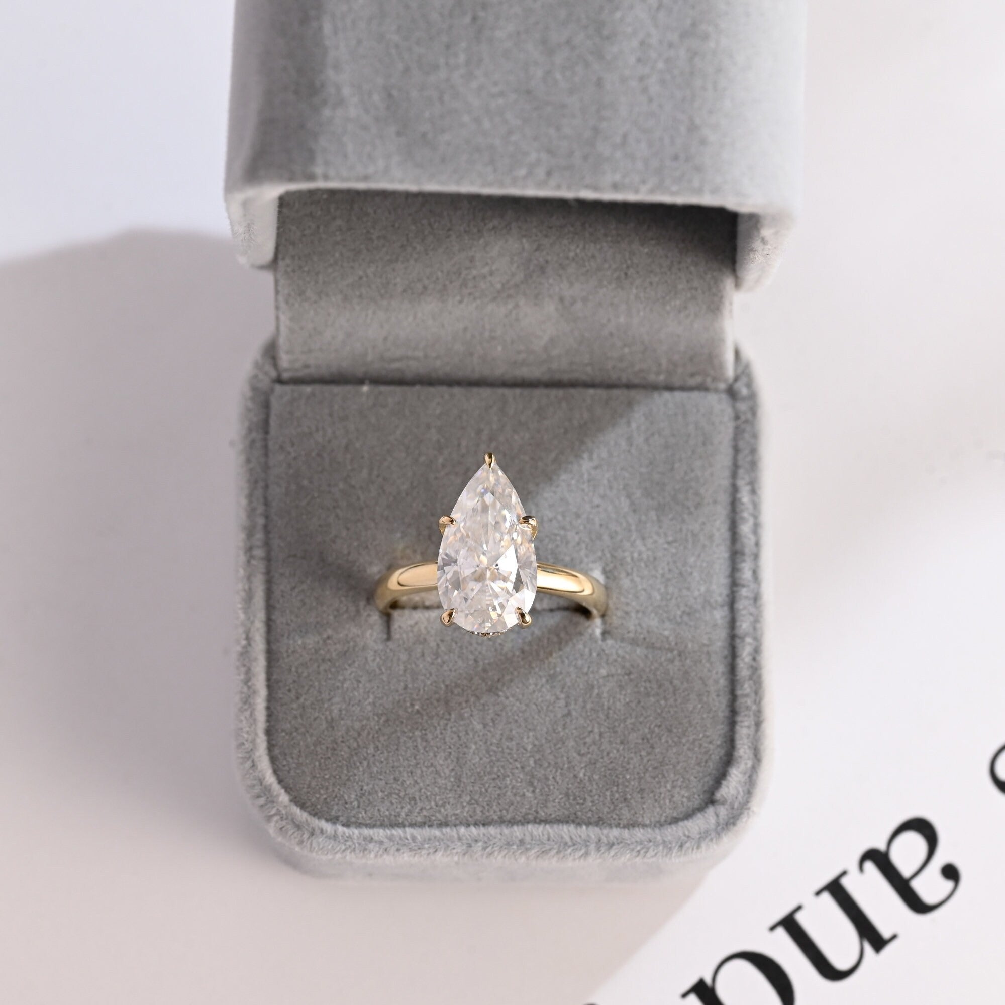 Solid Gold Pear Cut Moissanite Engagement Ring with Hidden Halo, Custom Ring