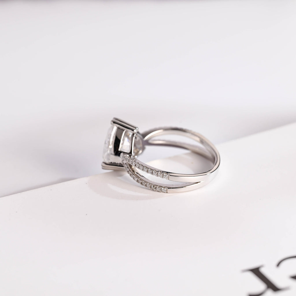 Solid Gold Trillion Cut Moissanite Engagement Ring, Double Band Open Shank Half Pave Ring