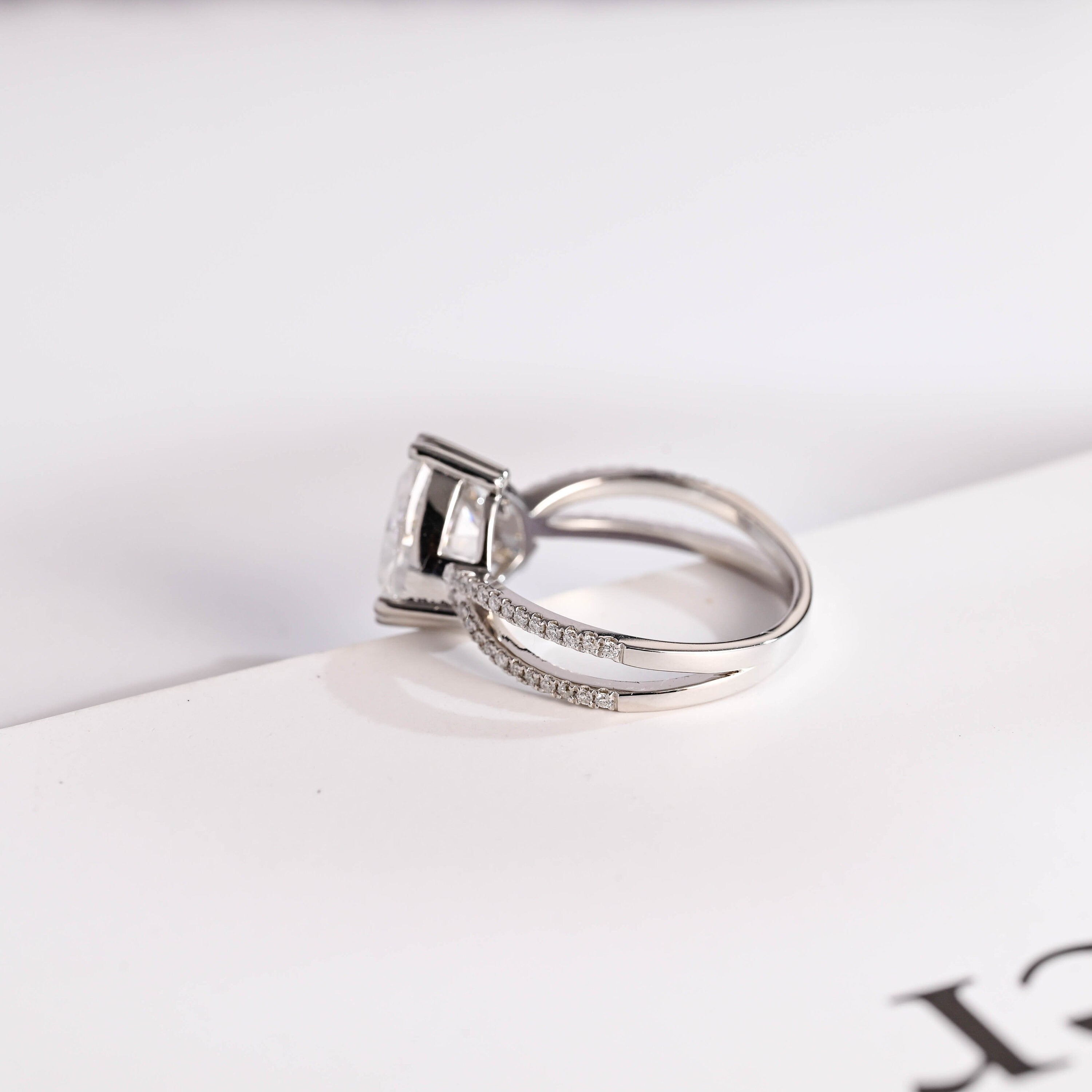 Solid Gold Trillion Cut Moissanite Engagement Ring, Double Band Open Shank Half Pave Ring