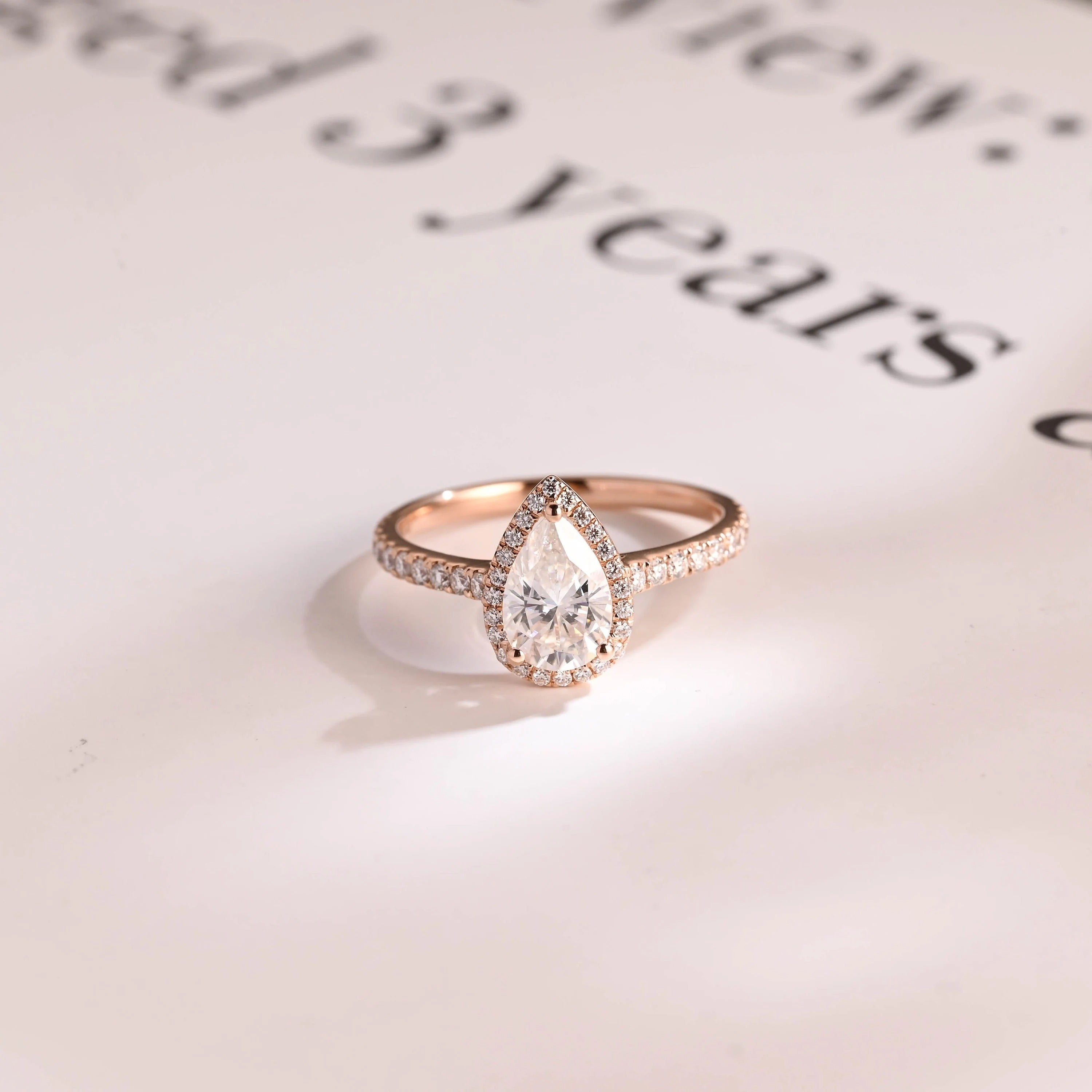Solid Gold Pear Moissanite Engagement Ring, Halo & Half Eternity Promise, Proposal Ring Main image