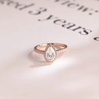 Solid Gold Pear Moissanite Engagement Ring, Halo & Half Eternity Promise, Proposal Ring
