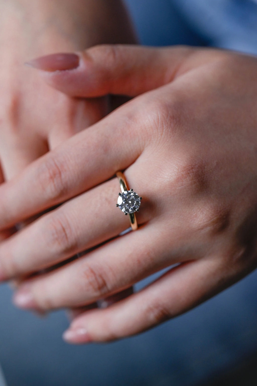 Solitaire Gold Round Moissanite Engagement Ring, Six Prong Setting