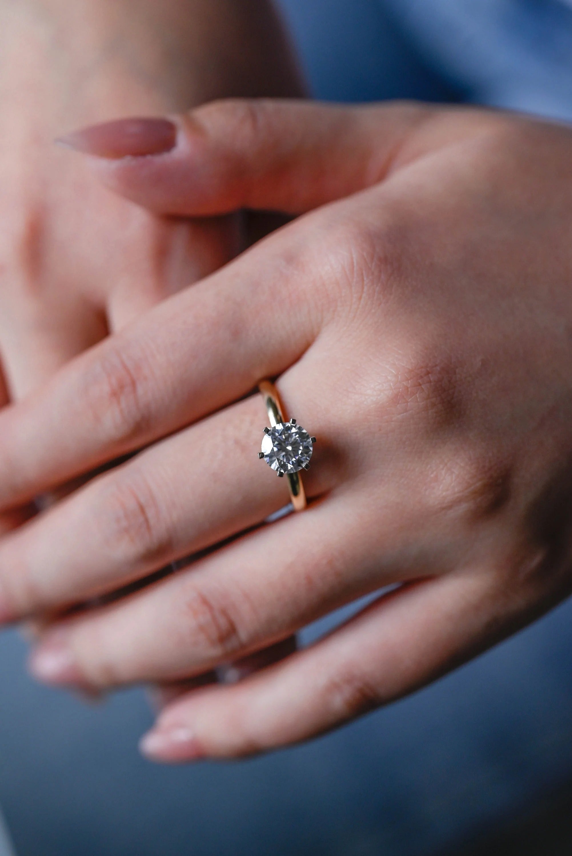 Solitaire Gold Round Moissanite Engagement Ring, Six Prong Setting