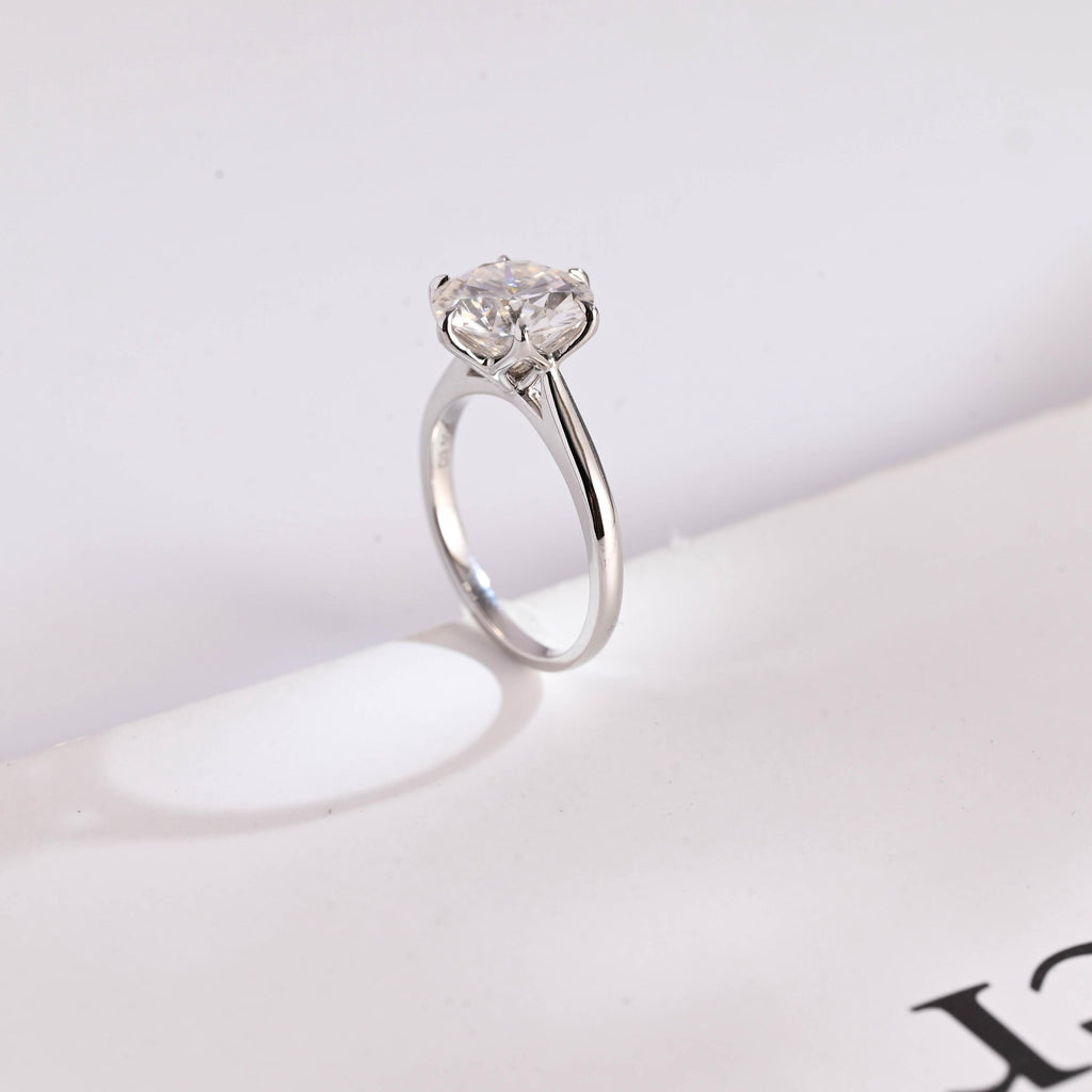 Solid Gold Tulip Floral Round Moissanite Engagement Ring, Anniversary Gift for Her