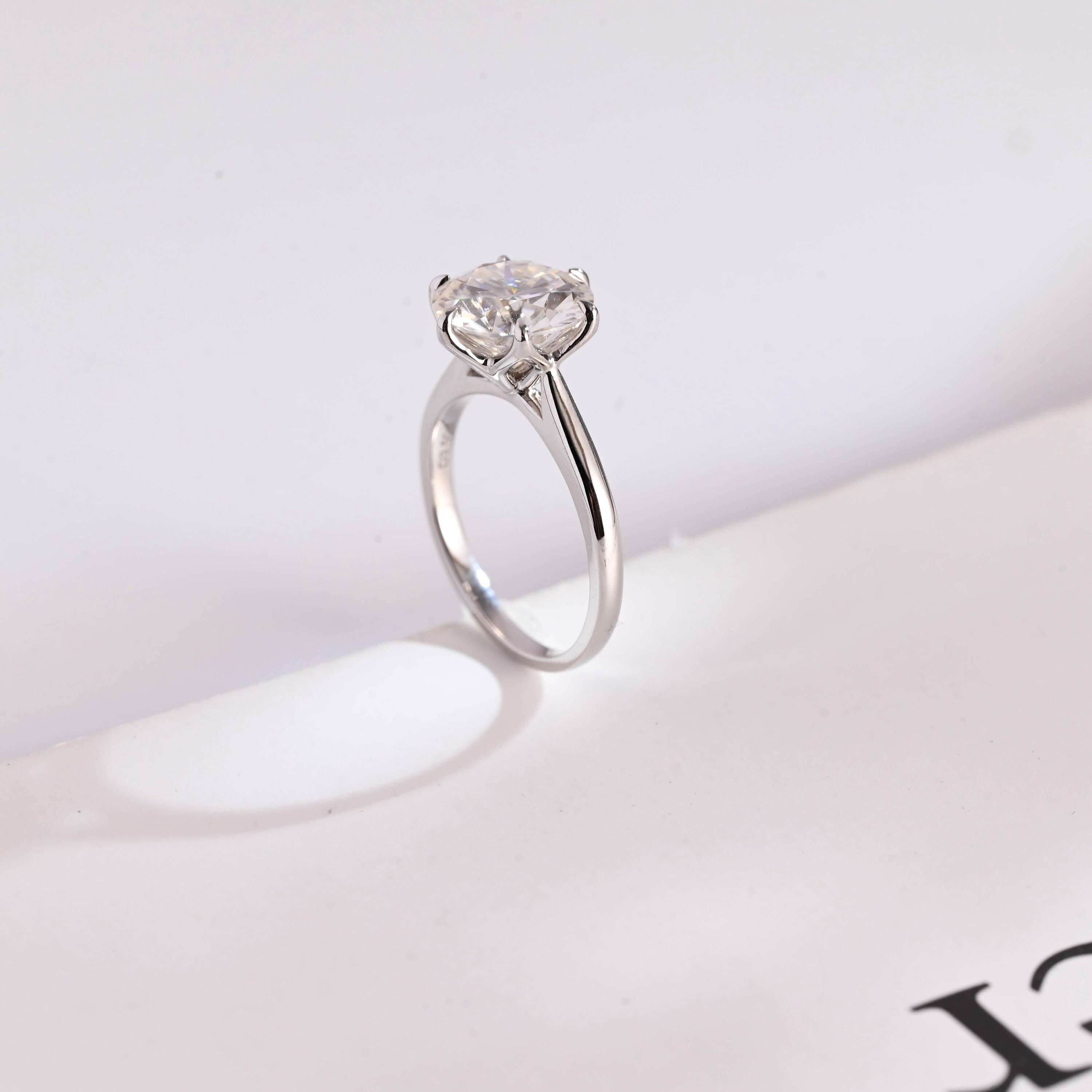 Solid Gold Tulip Floral Round Moissanite Engagement Ring, Anniversary Gift for Her
